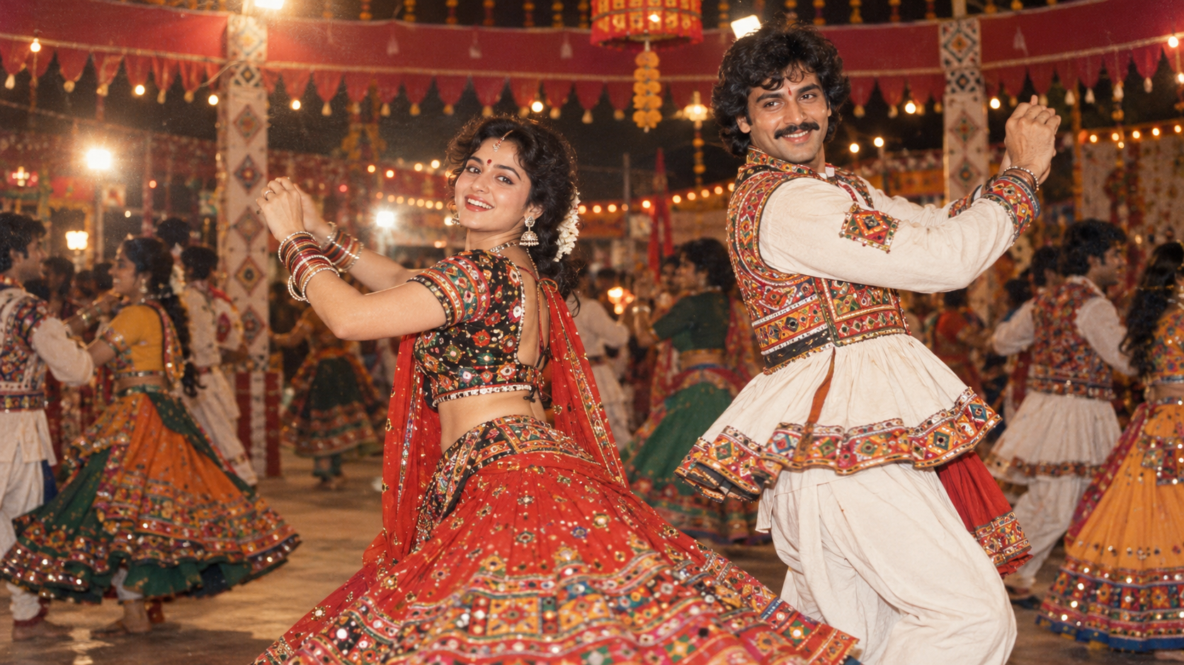 1980s Navratri AI photo prompts: Pang-adultong Mag-asawa sa Navratri Outfits Mid-Garba Step na naaangkop sa Panahon