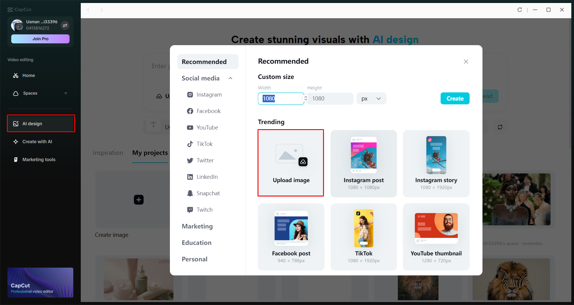 Accessing the AI design tool in the CapCut desktop video editor