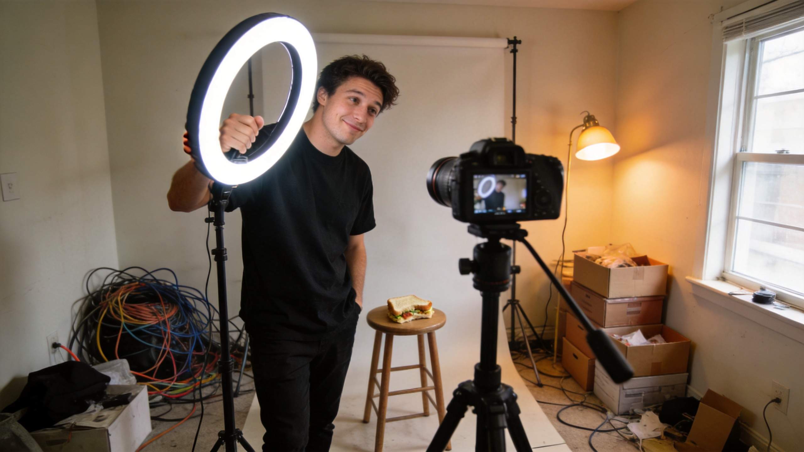 Creator filming a behind-the-scenes setup with ring light, camera, and a stool holding a sandwich