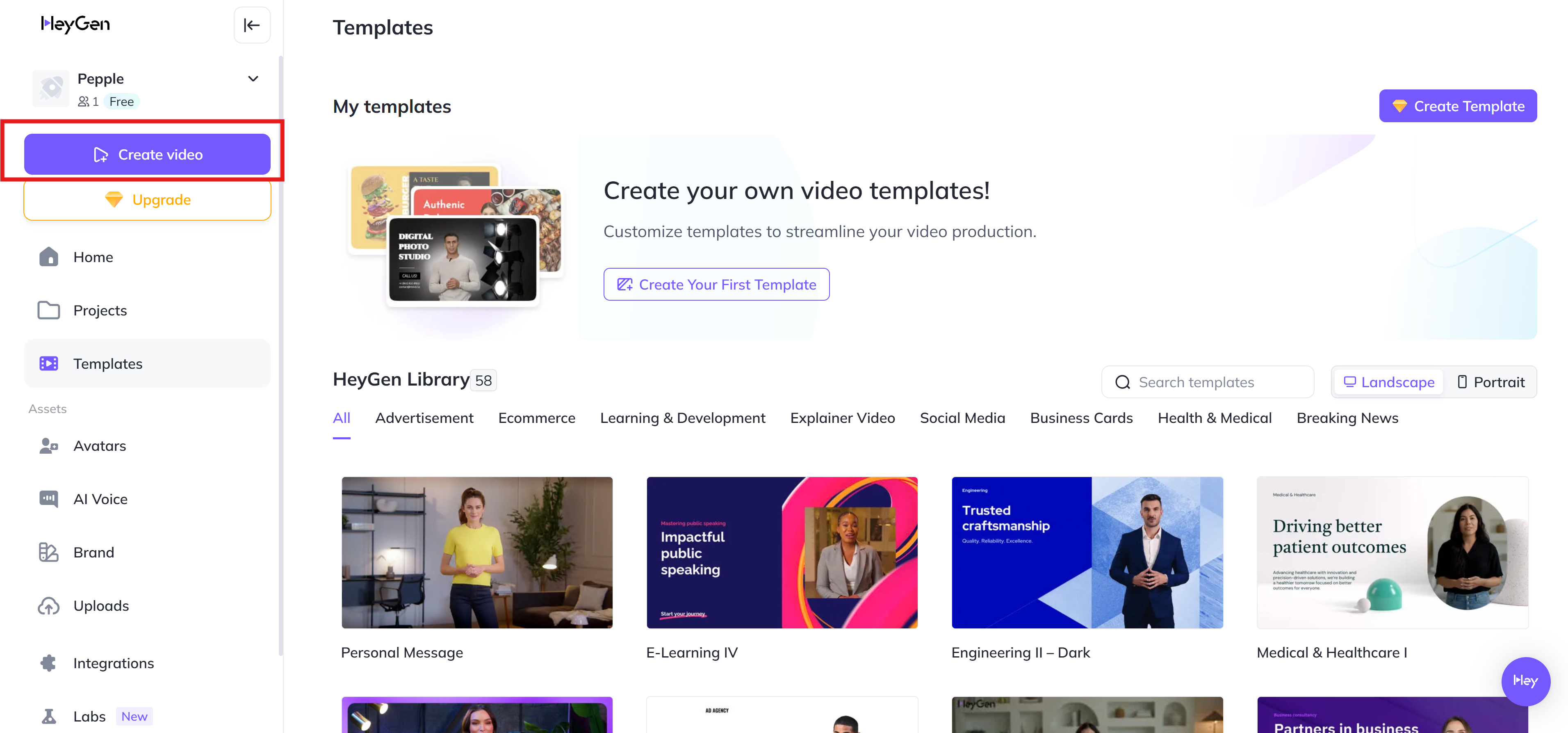 Melden Sie sich bei HeyGen an und wählen Sie "Video erstellen"