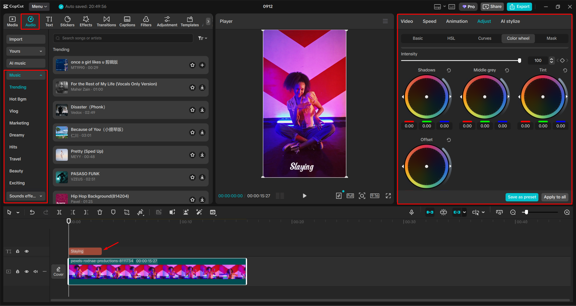 Adding text and trending music to a video for Instagram with the CapCut desktop video editor