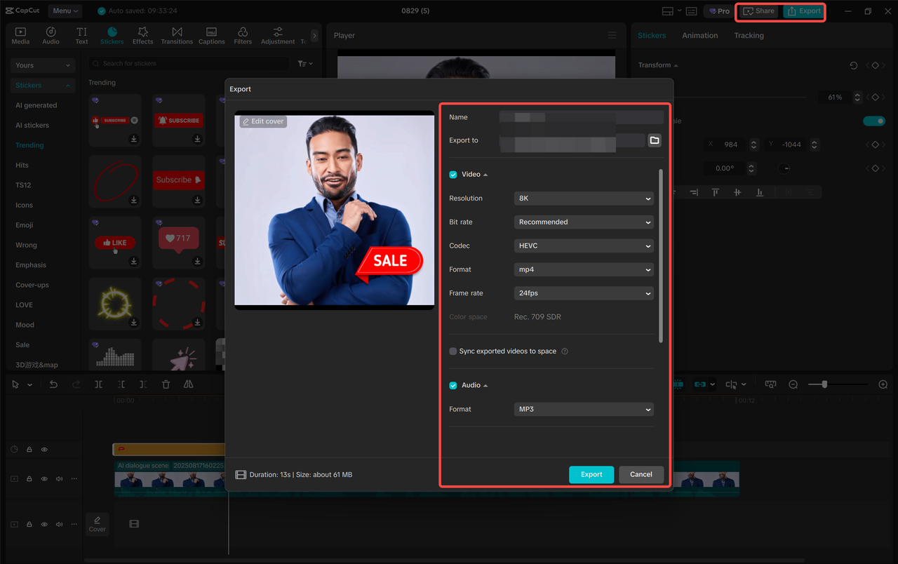Exporting the dialogue scene from the CapCut desktop video editor