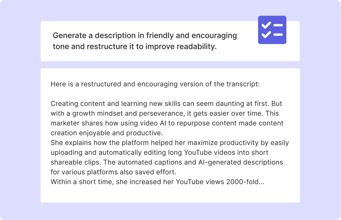 Interface of the AI video description generator
