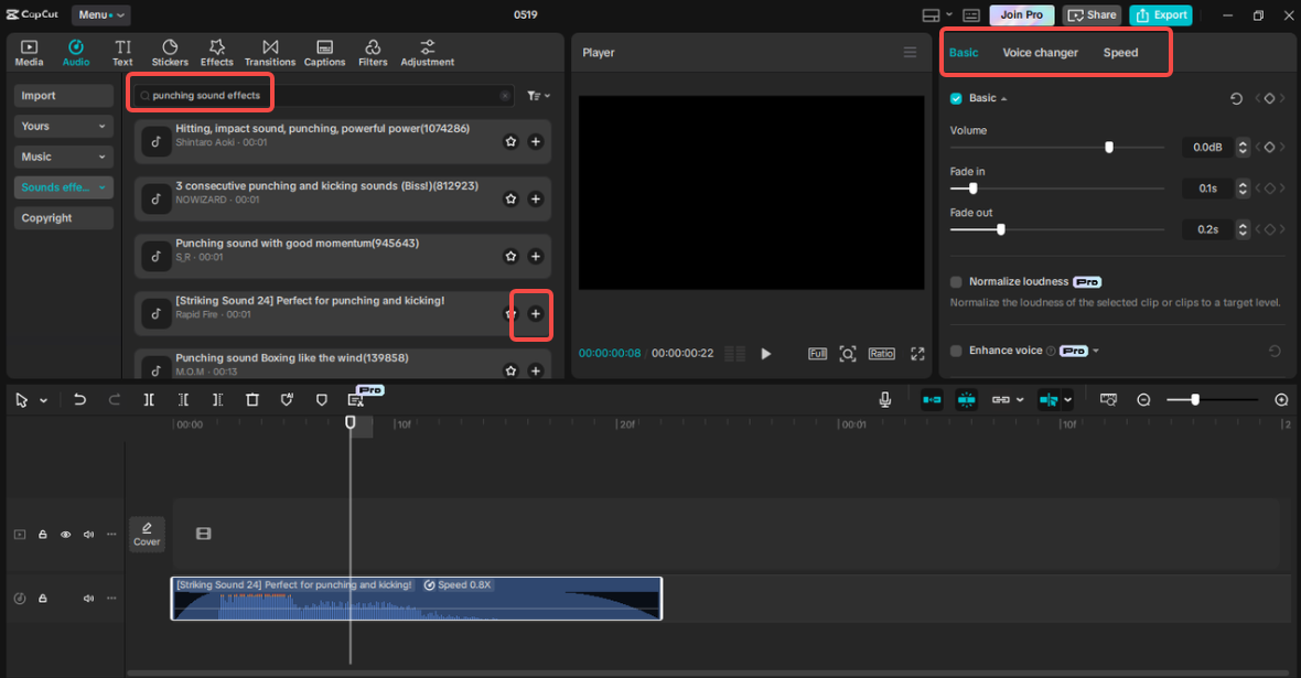 Selecting the punching sound effect in CapCut
