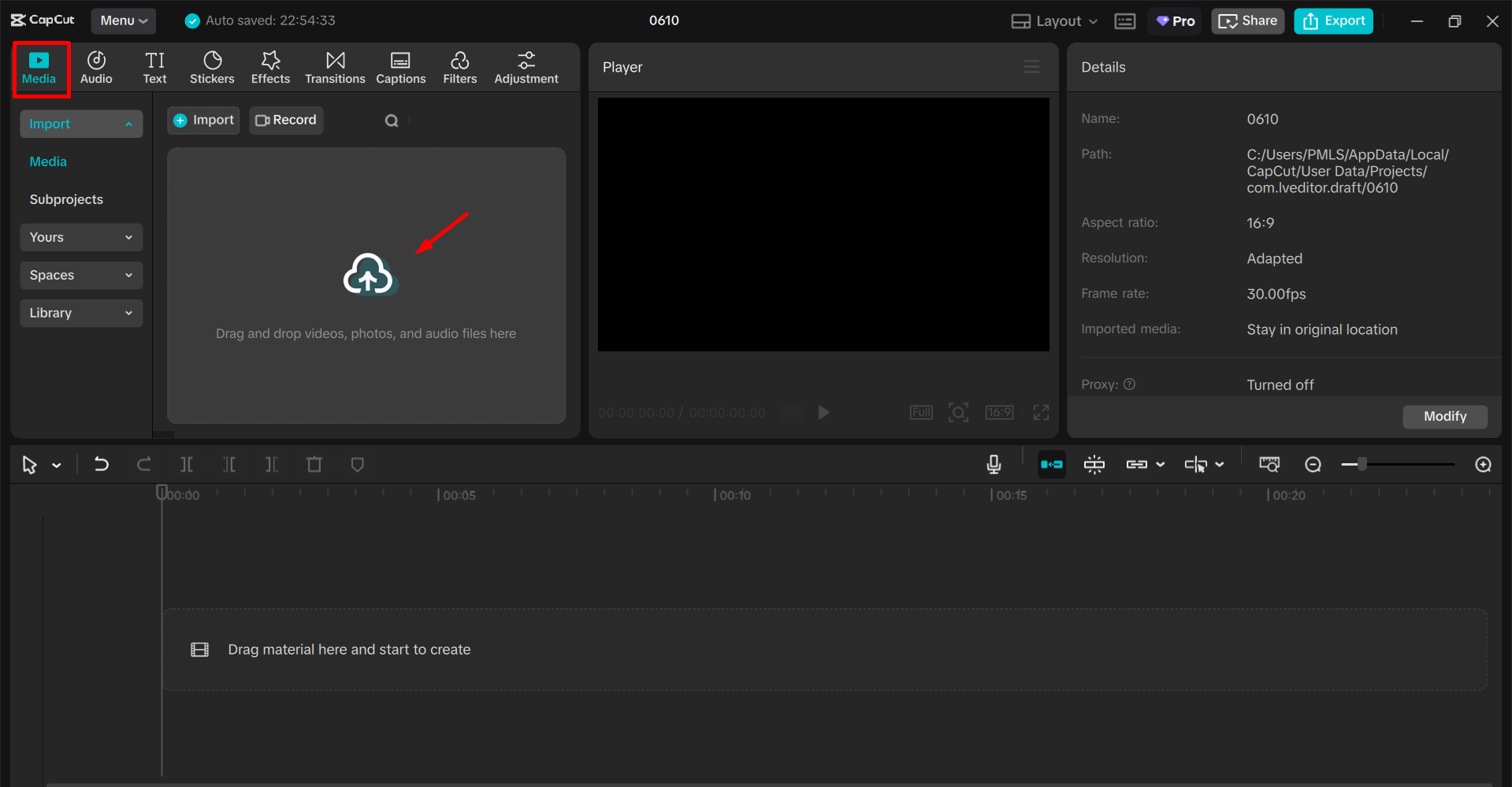 Importing the video into the CapCut desktop video editor