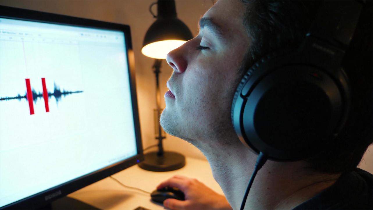 Person wearing headphones editing an audio waveform on a computer monitor