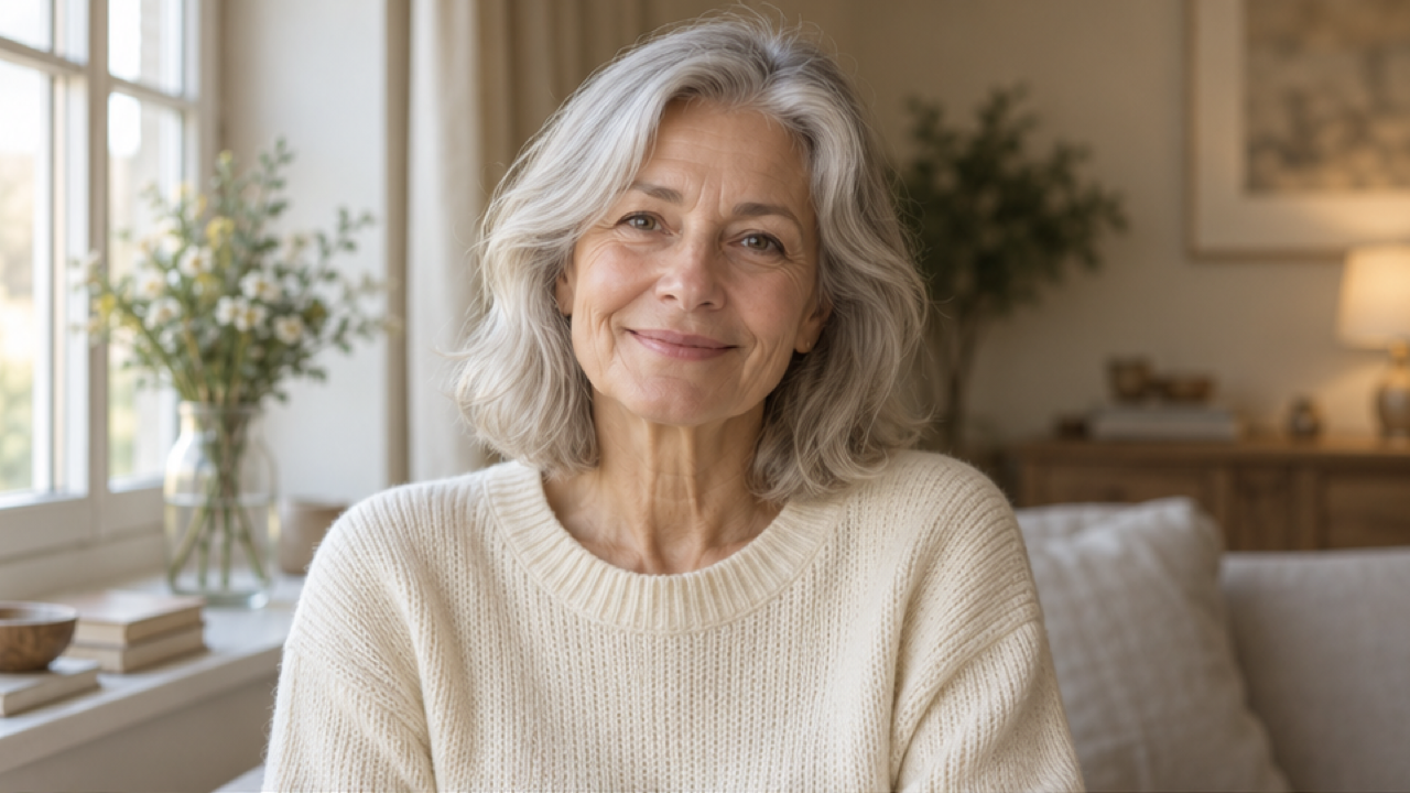 16:9 cinematic editorial medium portrait of one graceful older adult woman with silver shoulder-length hair and natural smile lines, cream sweater, warm beige room beside softly lit window, gentle smile, realistic texture, generous headroom. A single final age-stage still, no collage, text or logos.