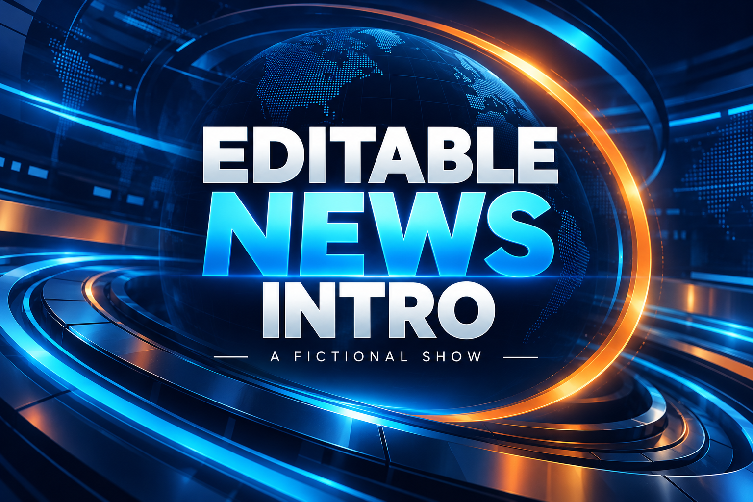 Editable news intro cover for a fictional show with navy and orange broadcast graphics
