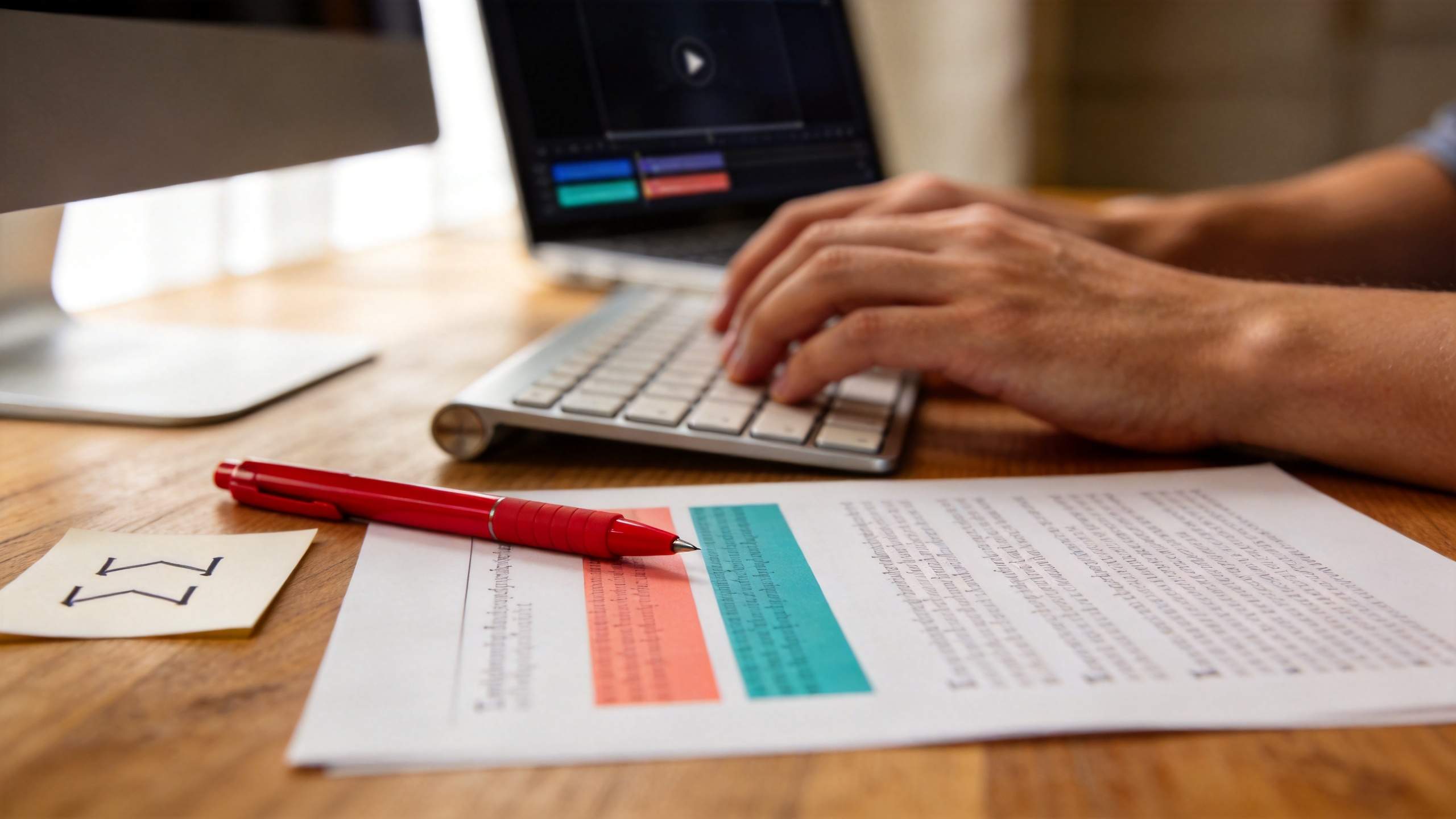 Hands typing on a laptop beside a printed script with color-highlighted lines and a red pen