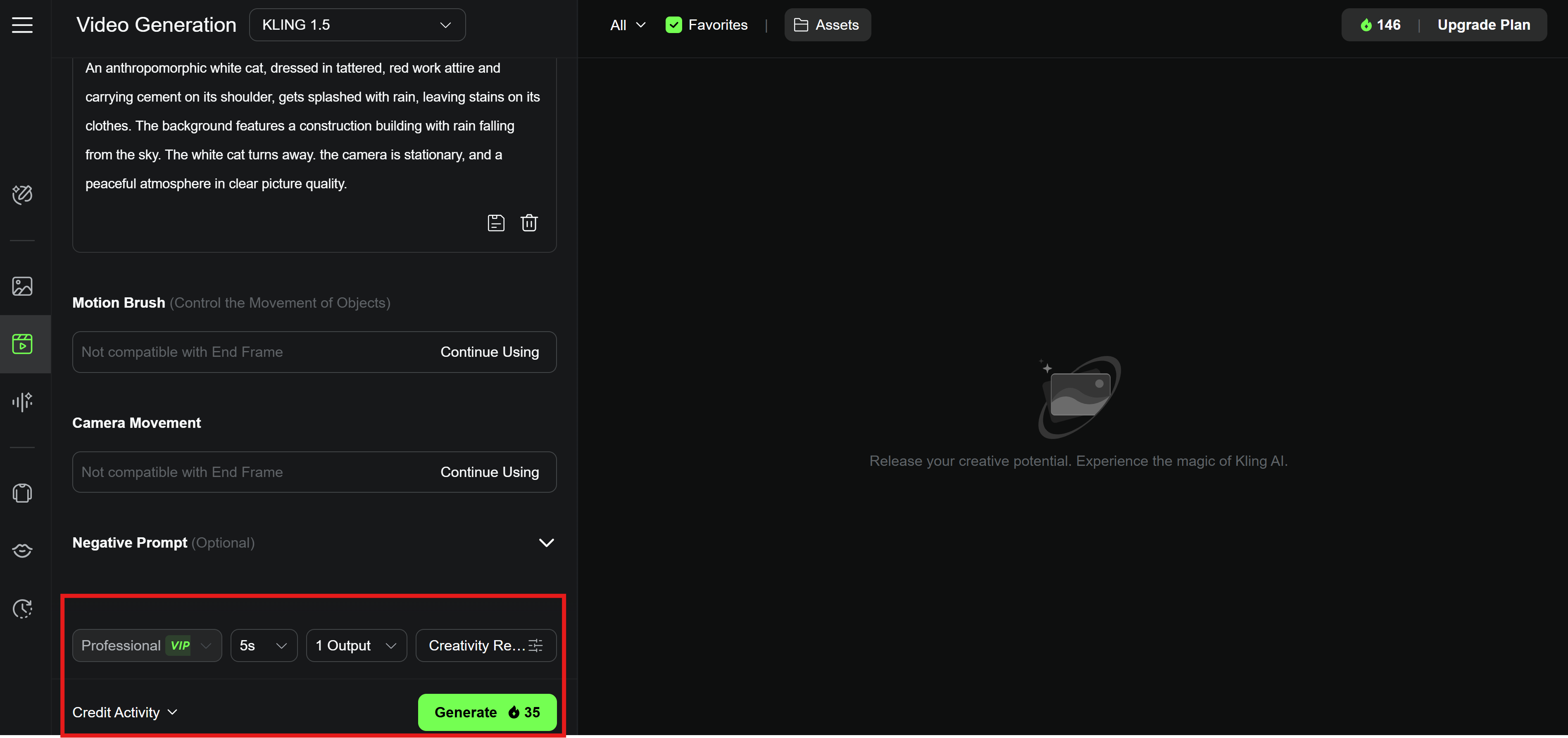 Kling video generation setting