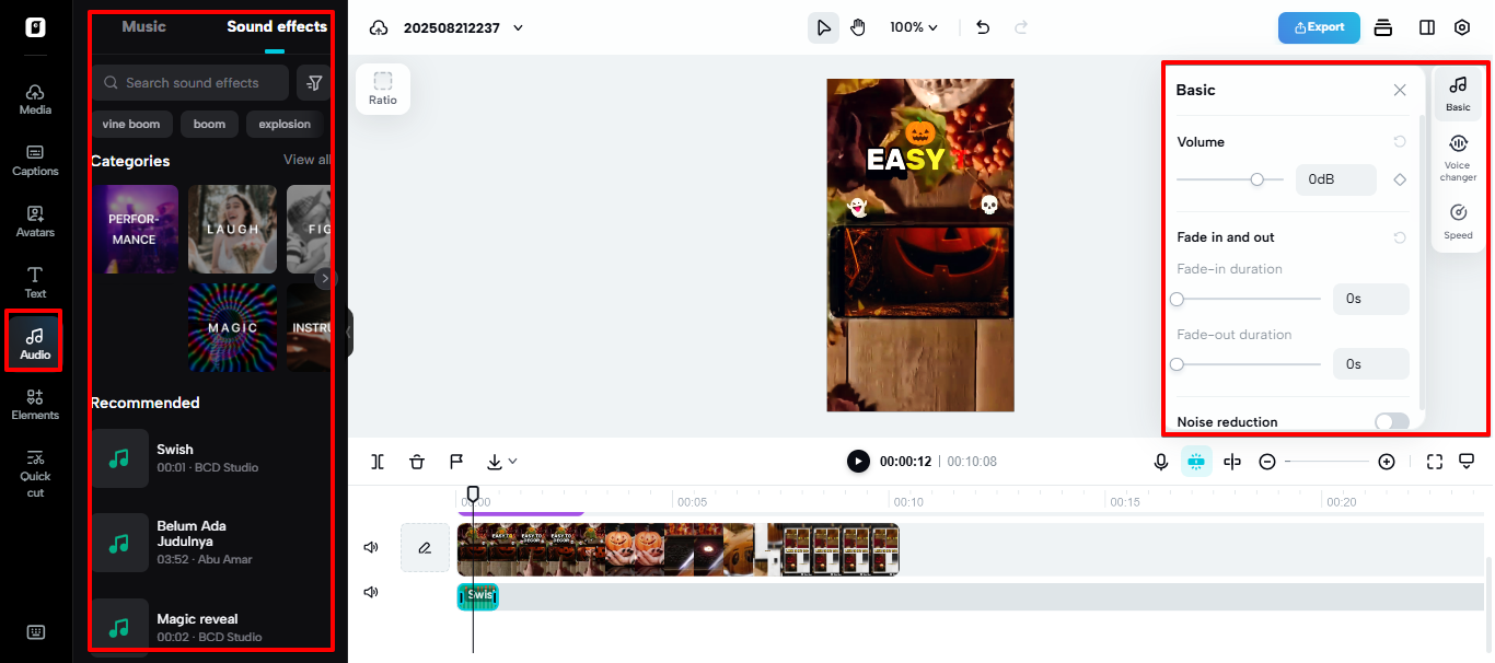 Biblioteca de áudio e ferramentas no Pippit