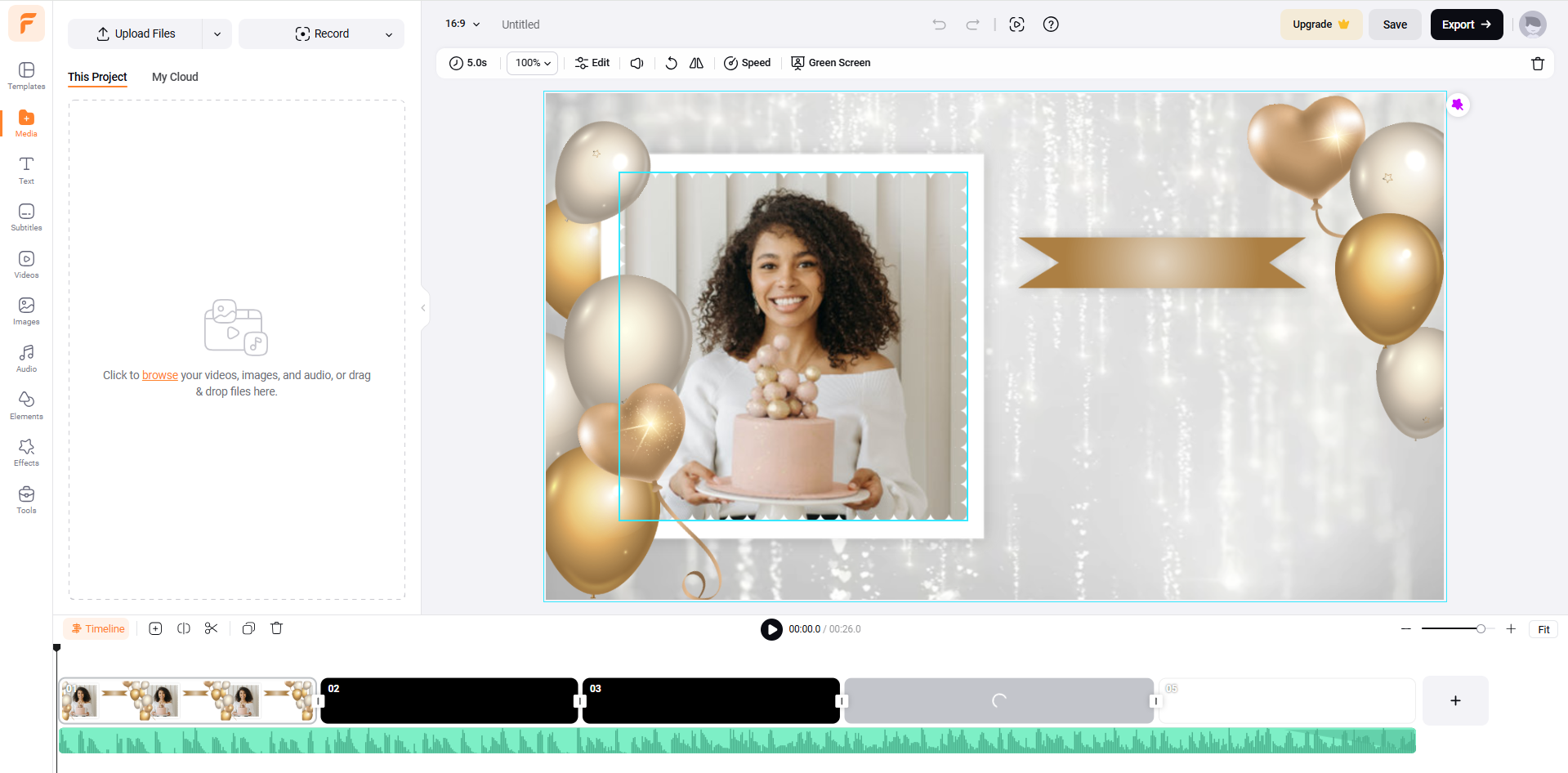 Interface do FlexClip - o gerador de vídeo de aniversário perfeito IA