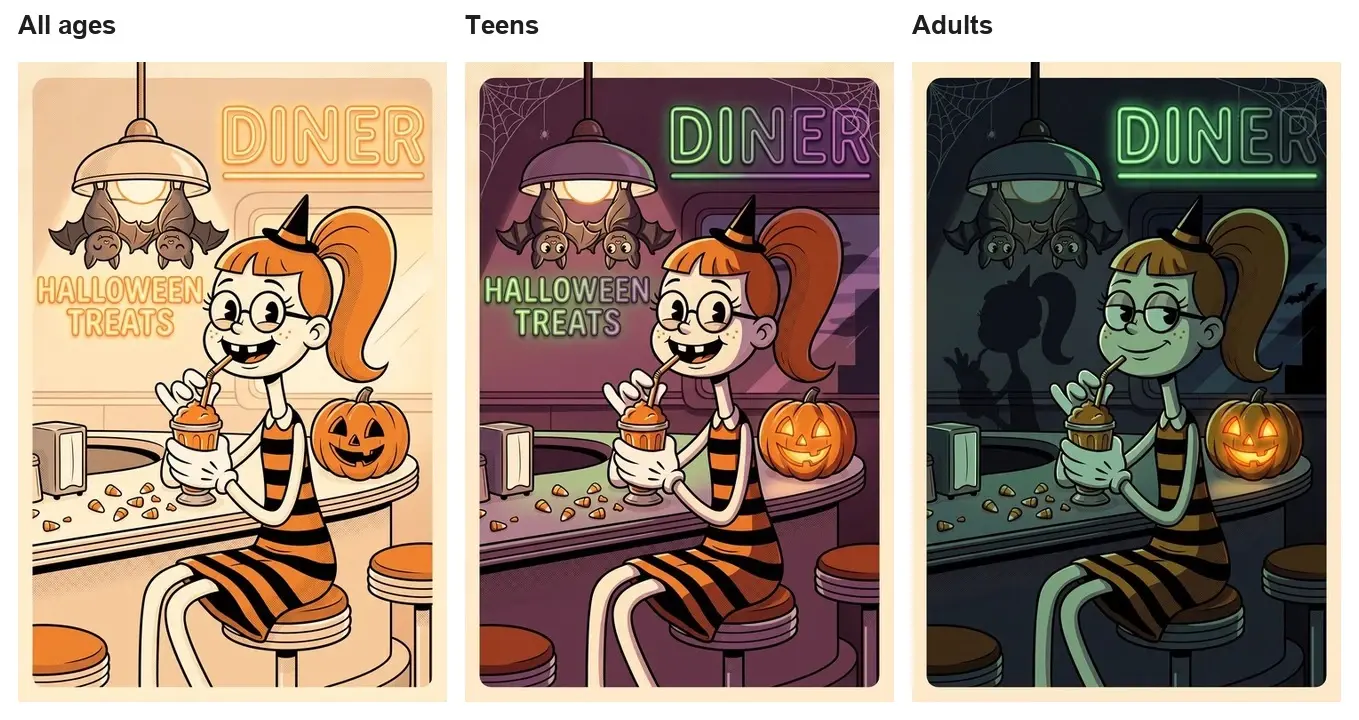 Three retro Halloween diner portraits of a girl in a striped dress at all-ages, teen, and adult scare levels