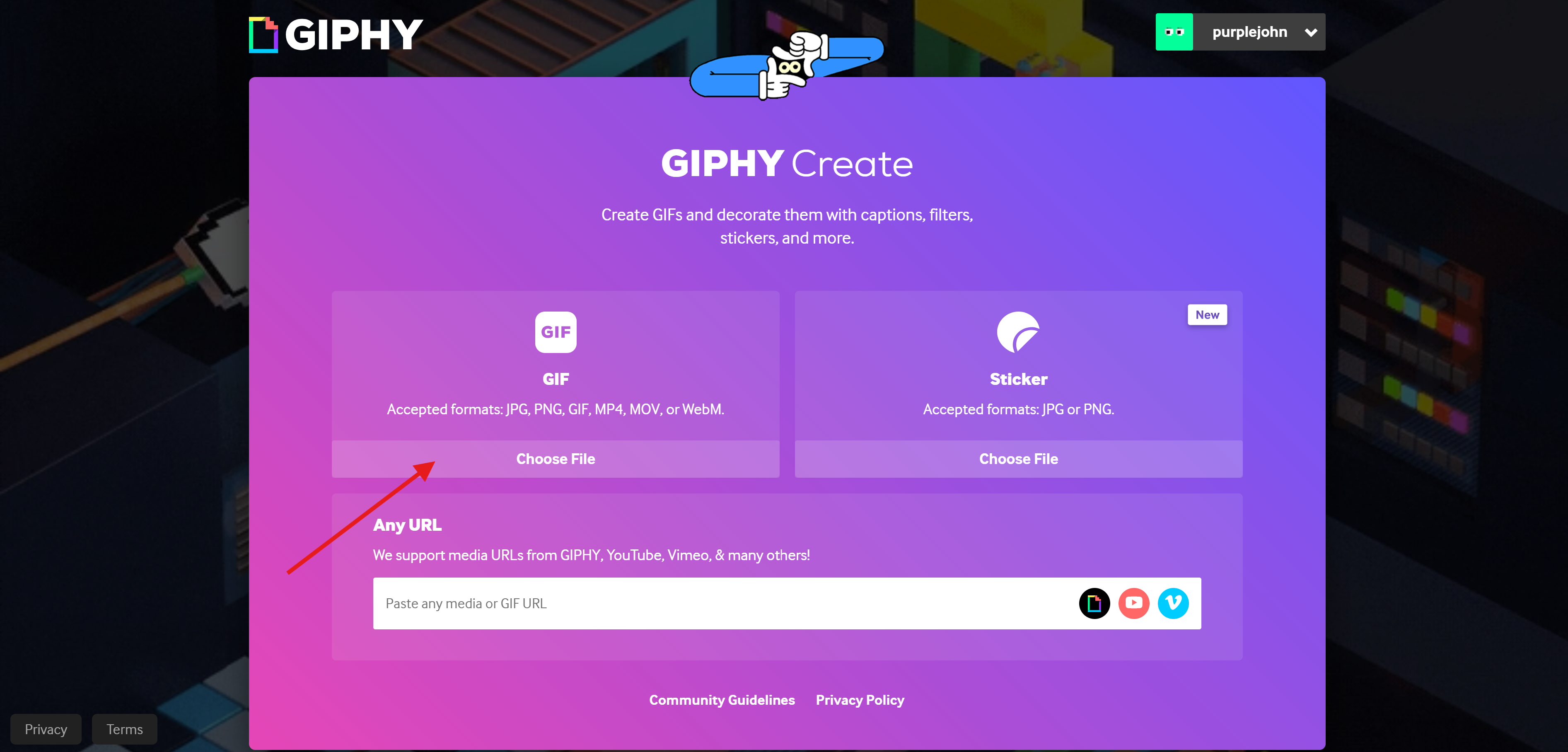 Escolhendo o arquivo com Giphy