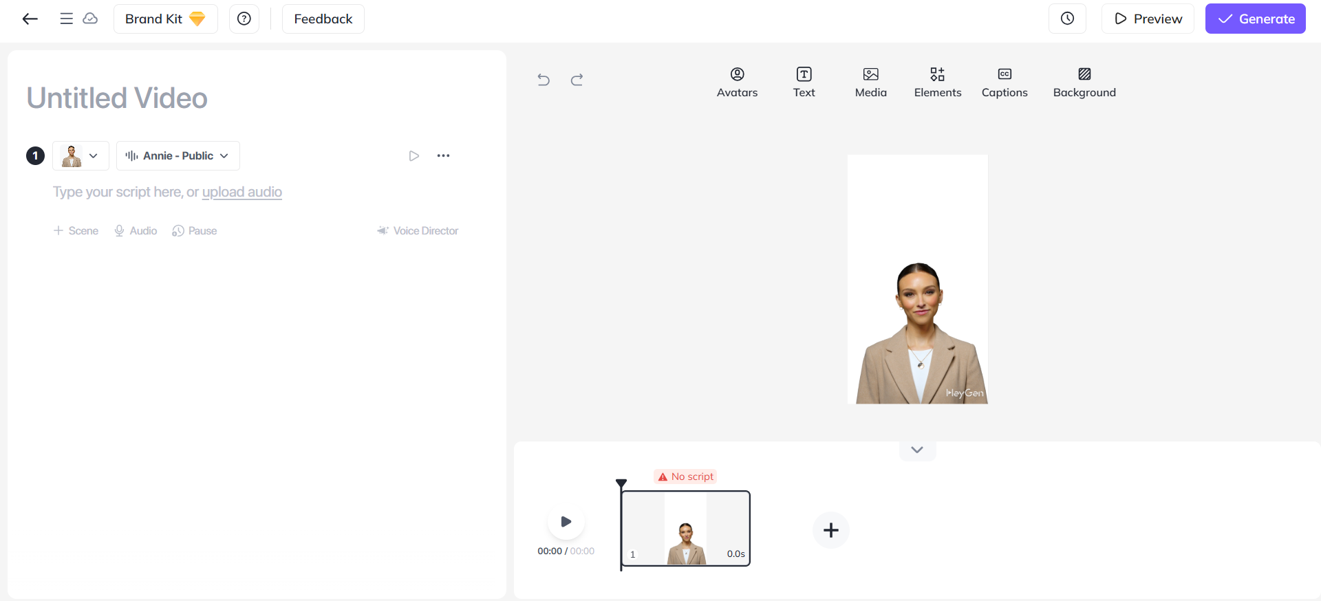 Interface de geração de vídeo HeyGen