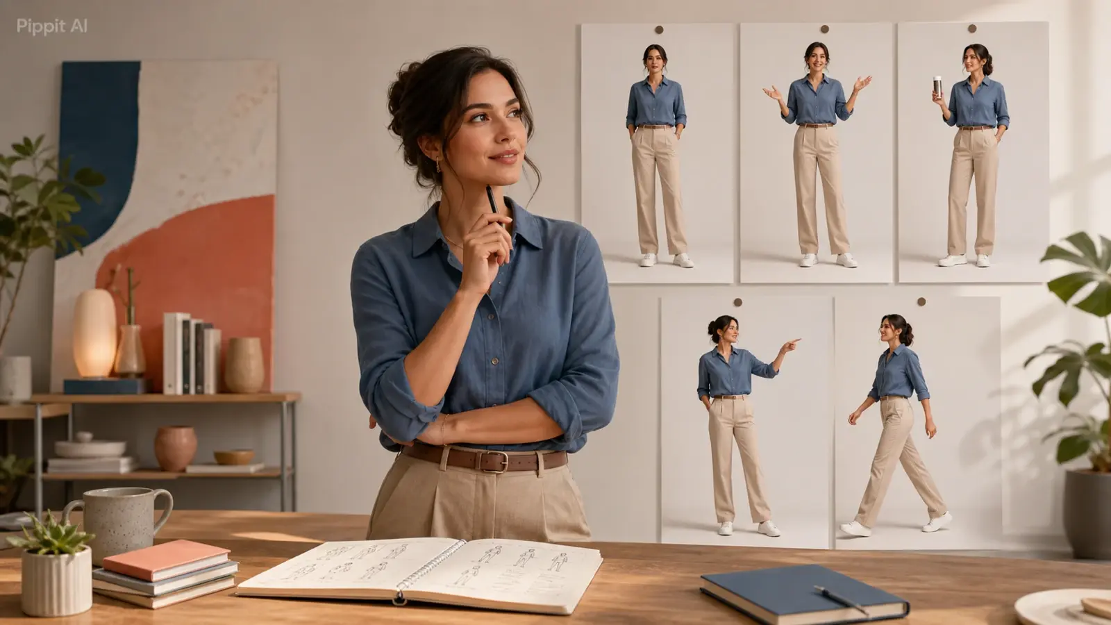 Woman in blue shirt and beige pants studying pose boards on a wall