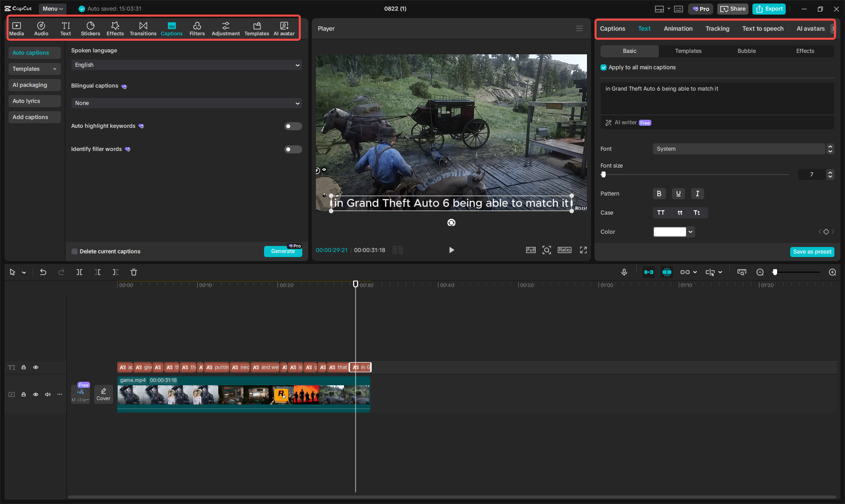 CapCut Editor mit Bildunterschriften und Effekten für Gameplay-Clips