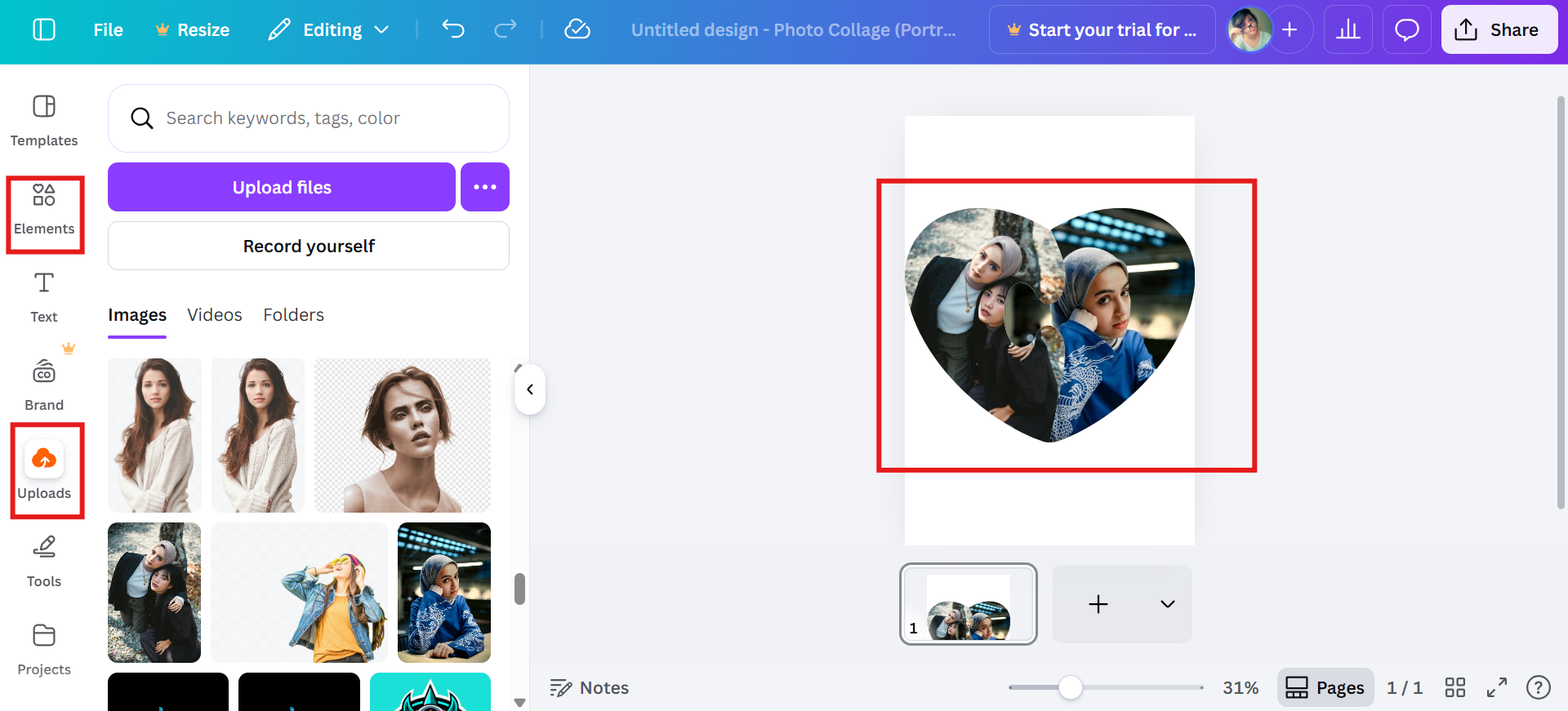 Create a heart-shaped collage from scratch