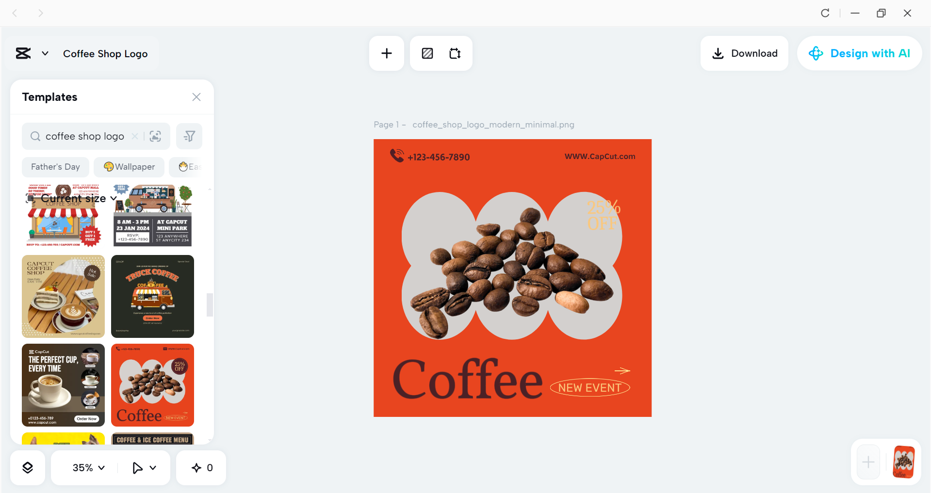 Interface of CapCut desktop video editor - the best tool for logo design for a coffee shop