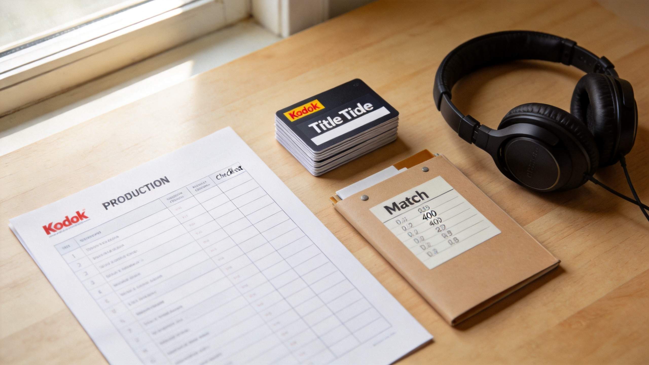 Production checklist, title cards, match notes, and headphones on a desk