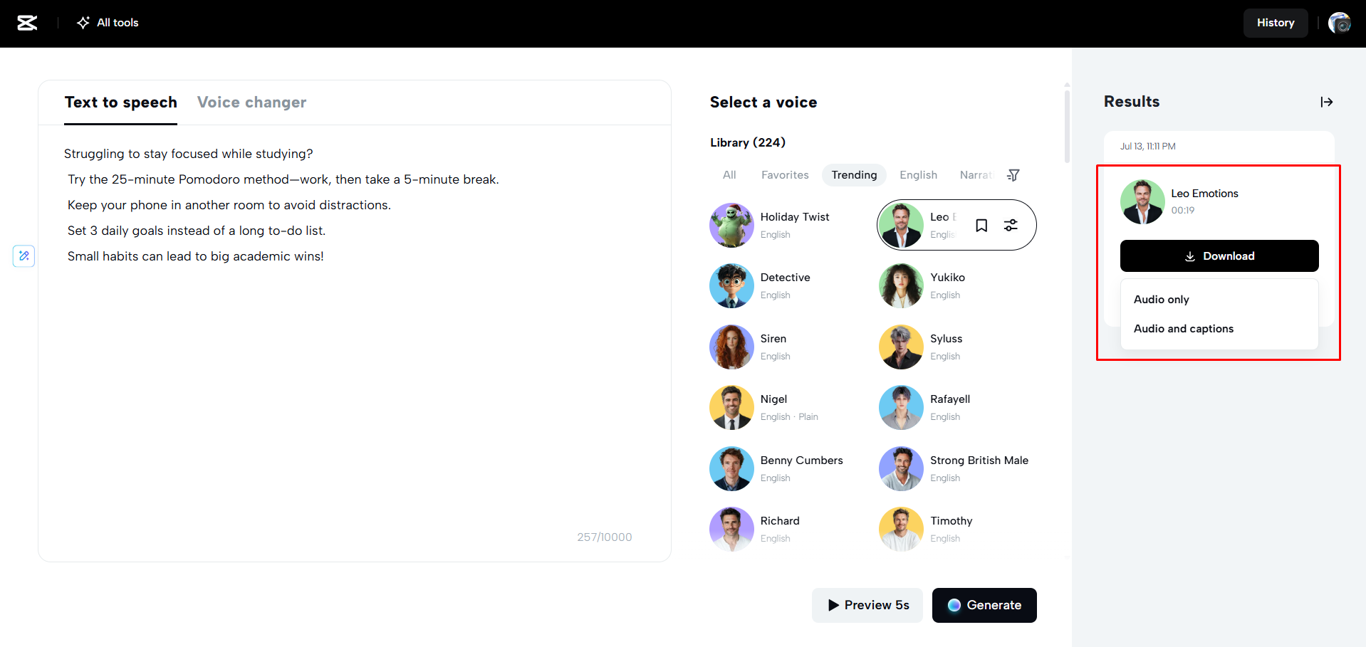 Descargando el audio generado por IA desde CapCut Web