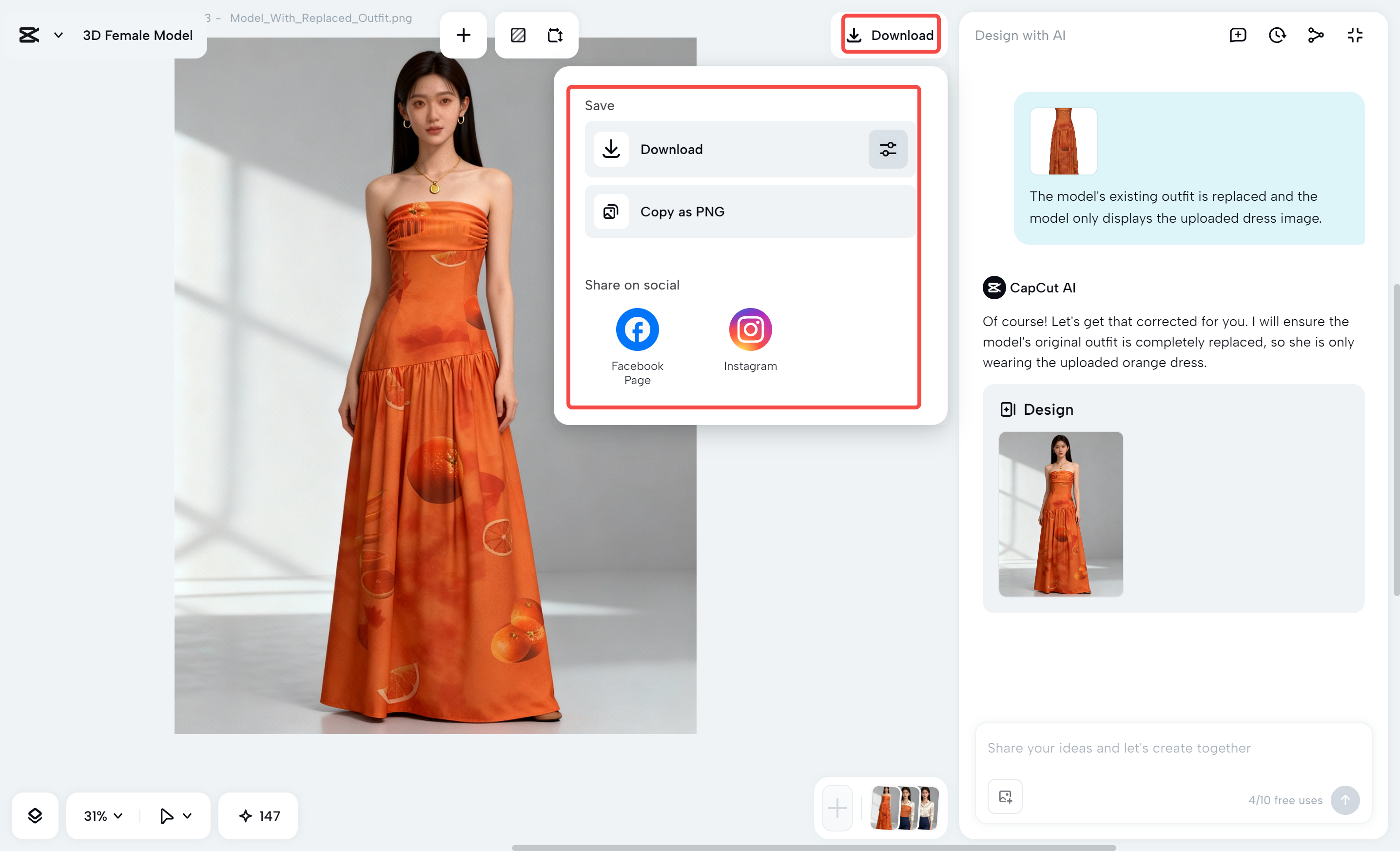 Downloading the finalized model from the CapCut desktop video editor