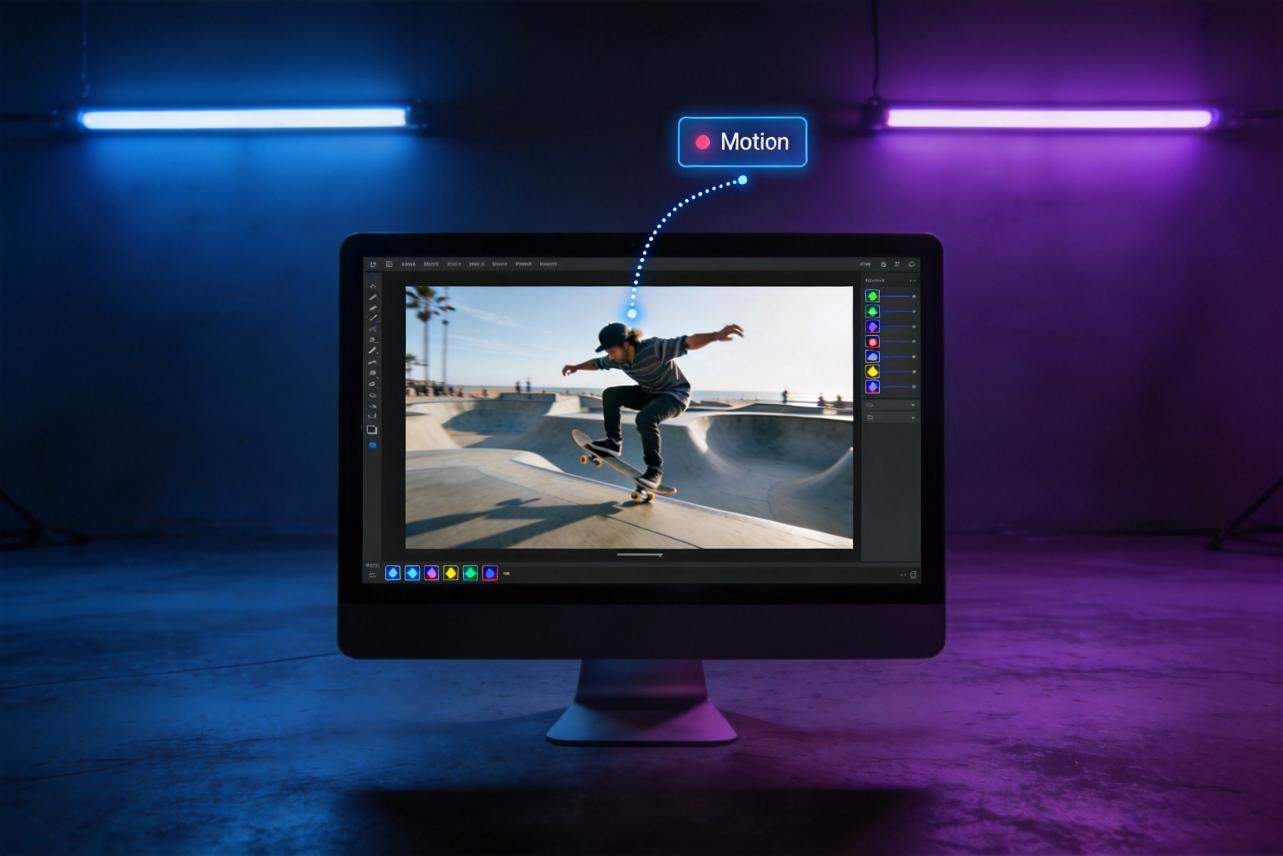 Monitor showing a skateboarder video with a dotted motion path and "Motion" label above