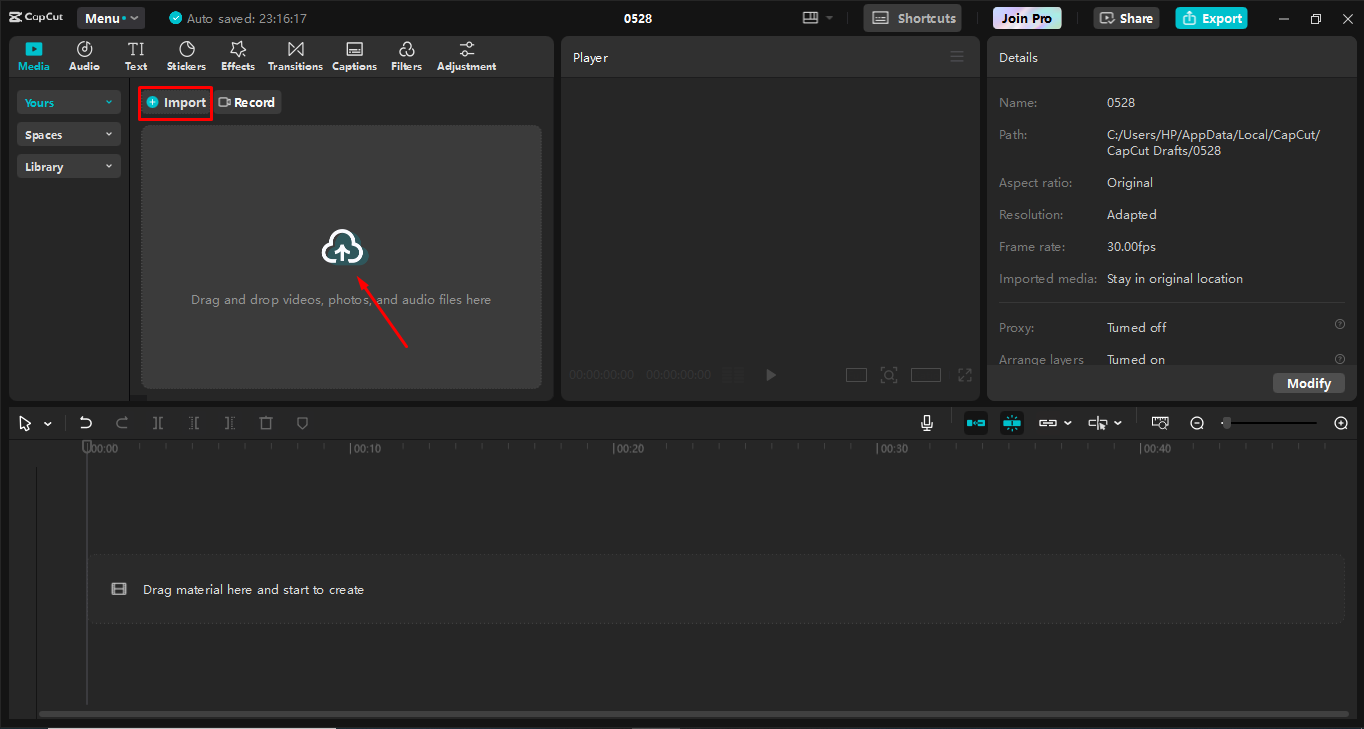 Uploading an image to the CapCut desktop video editor