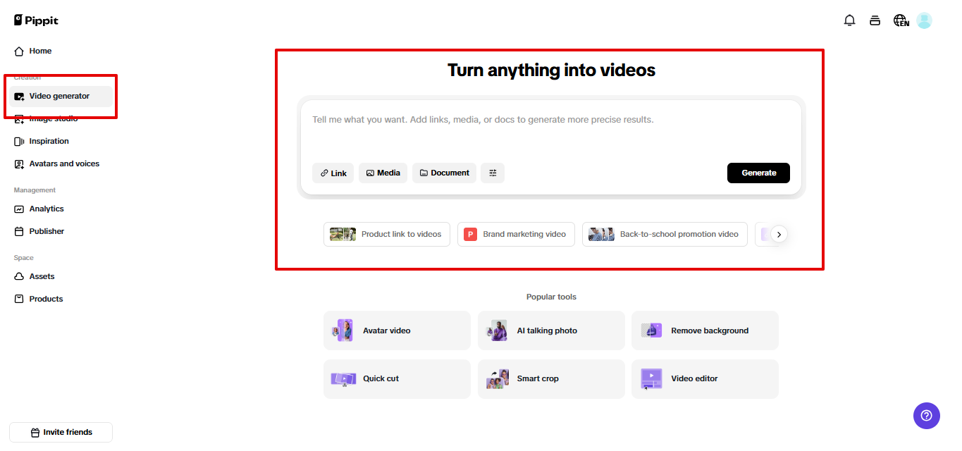 Video generator in Pippit