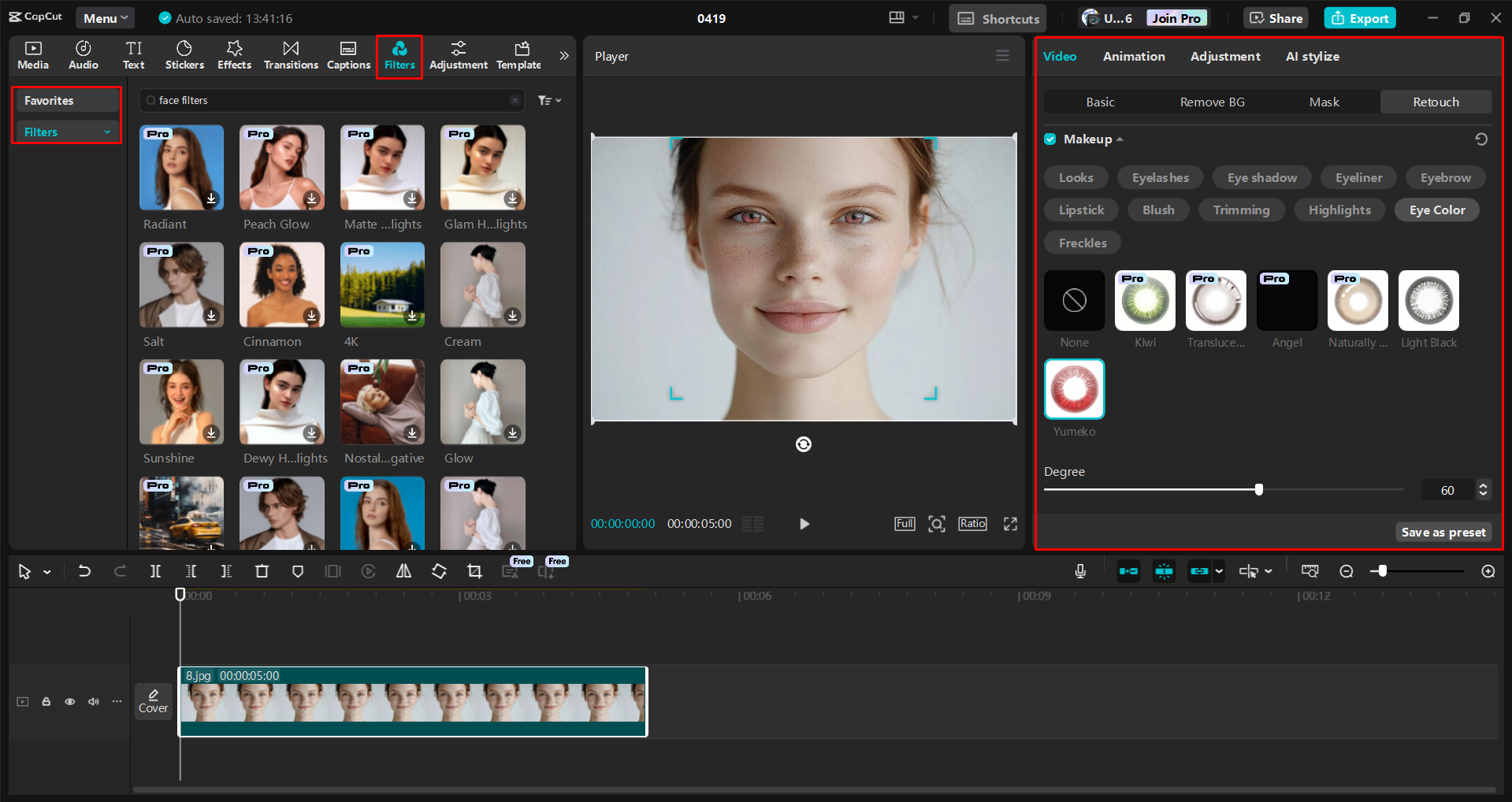 CapCut masaüstü video düzenleyicisinde bir görüntünün göz rengini değiştirme