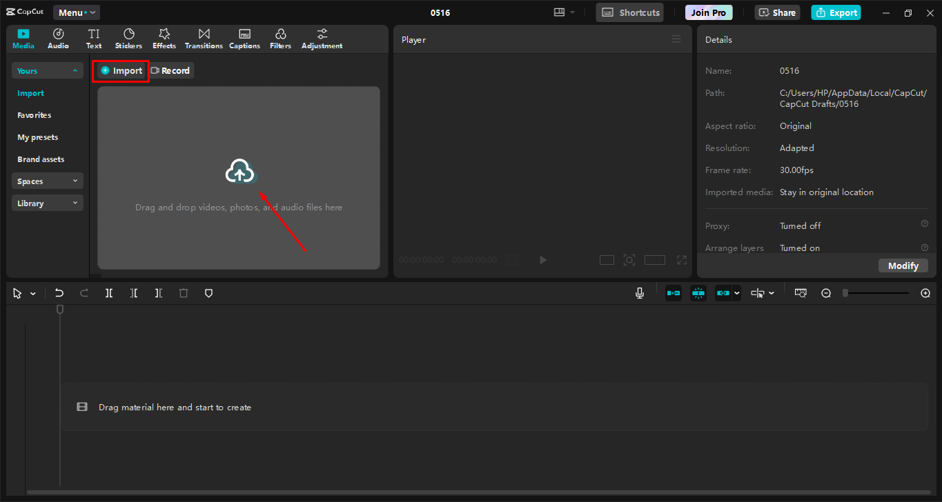 Uploading the image to the CapCut desktop video editor