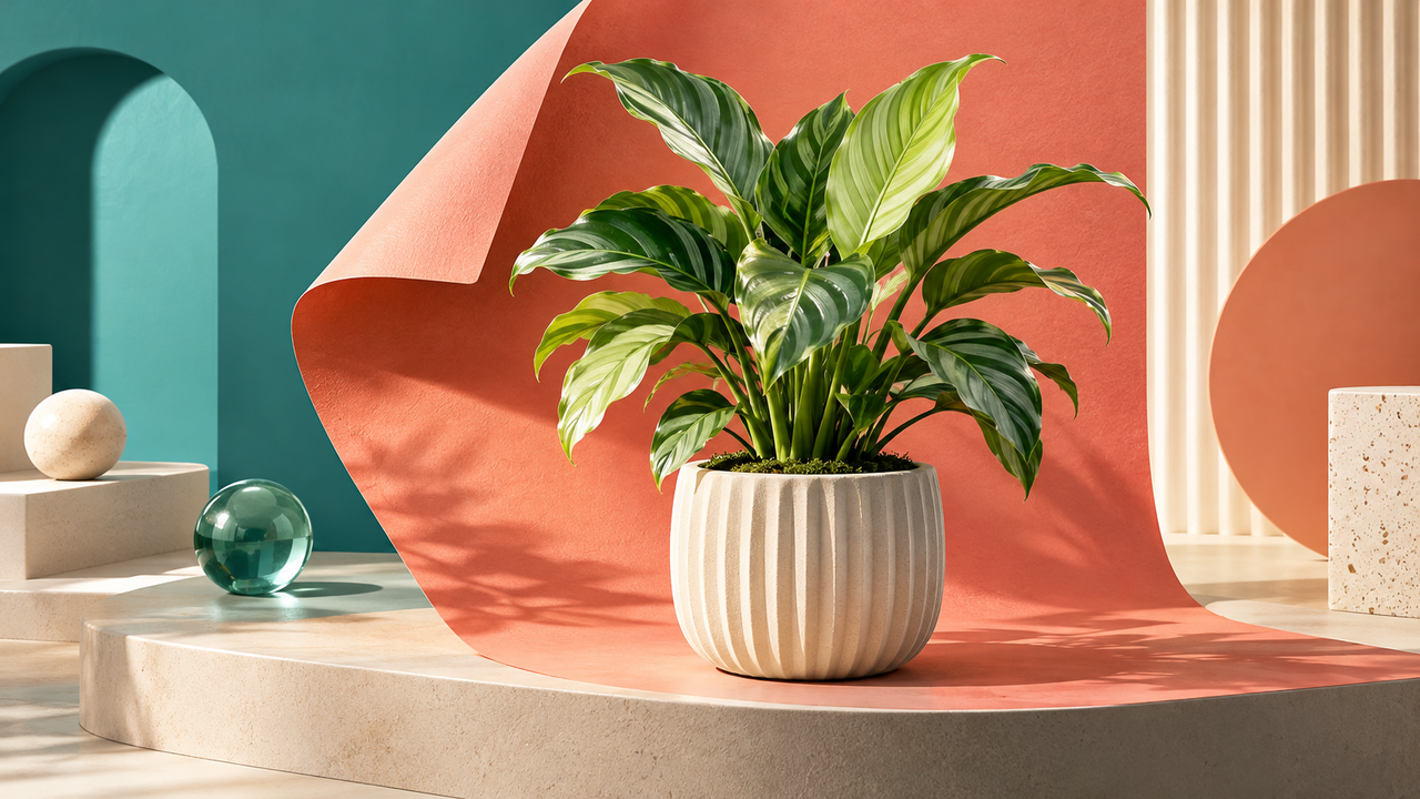 A potted plant against a curved coral paper backdrop with a soft grounding shadow