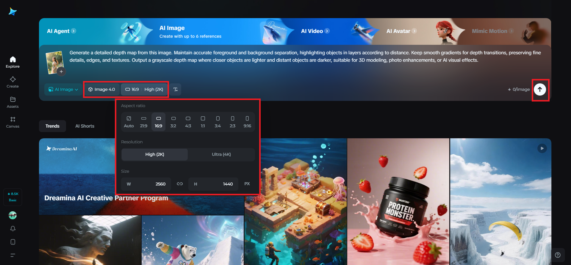 Choose model, aspect ratio, and resolution