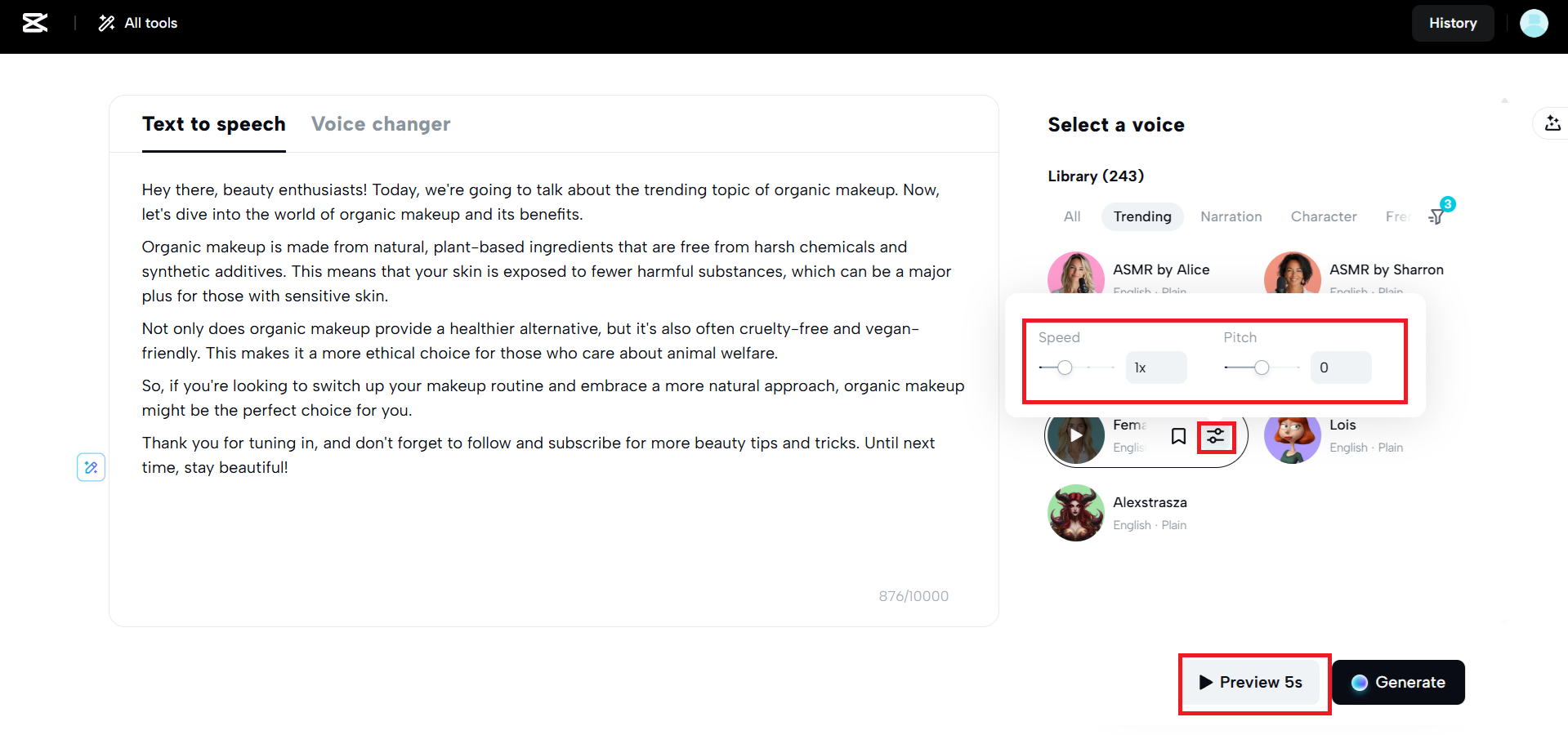 Geschwindigkeit und Tonhöhe anpassen und auf Vorschau klicken