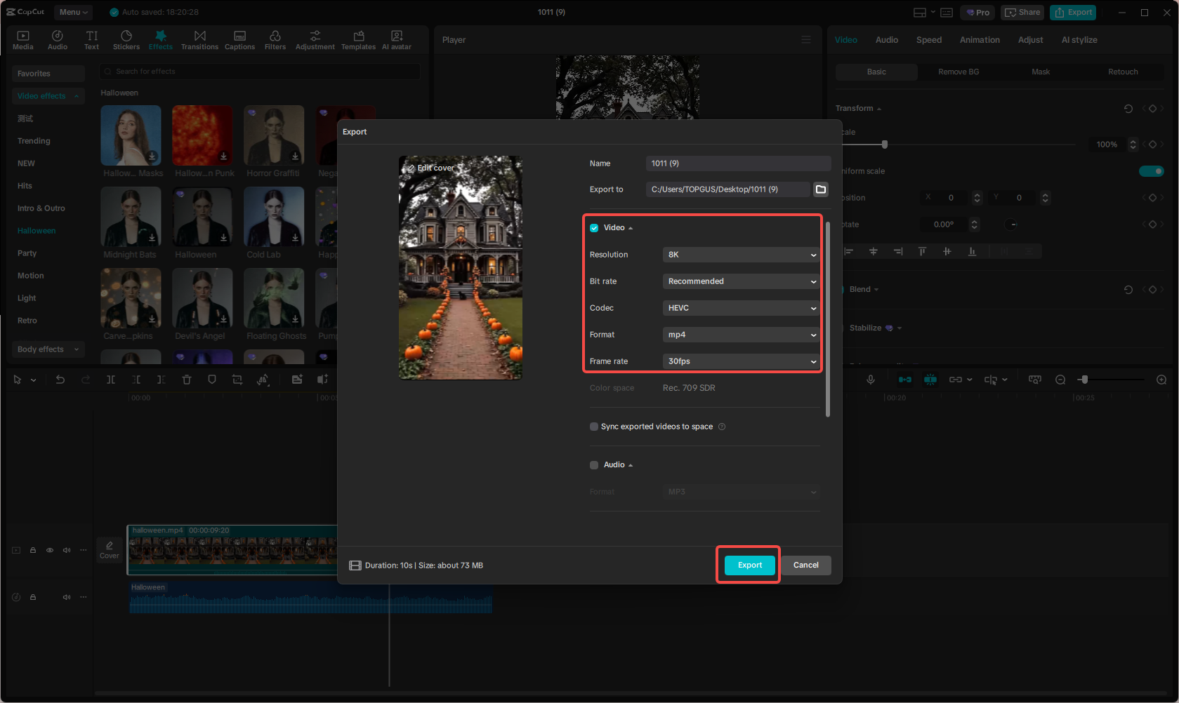 Exporting and sharing the Halloween song video in CapCut