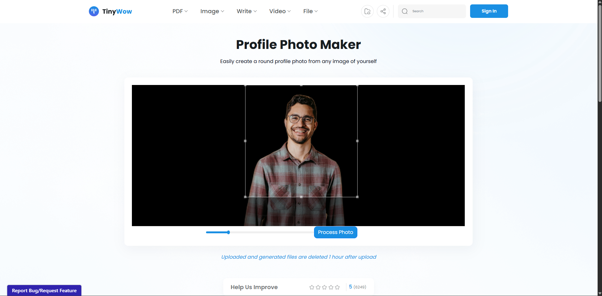 Interface of TinyWow - an efficient profile photo maker