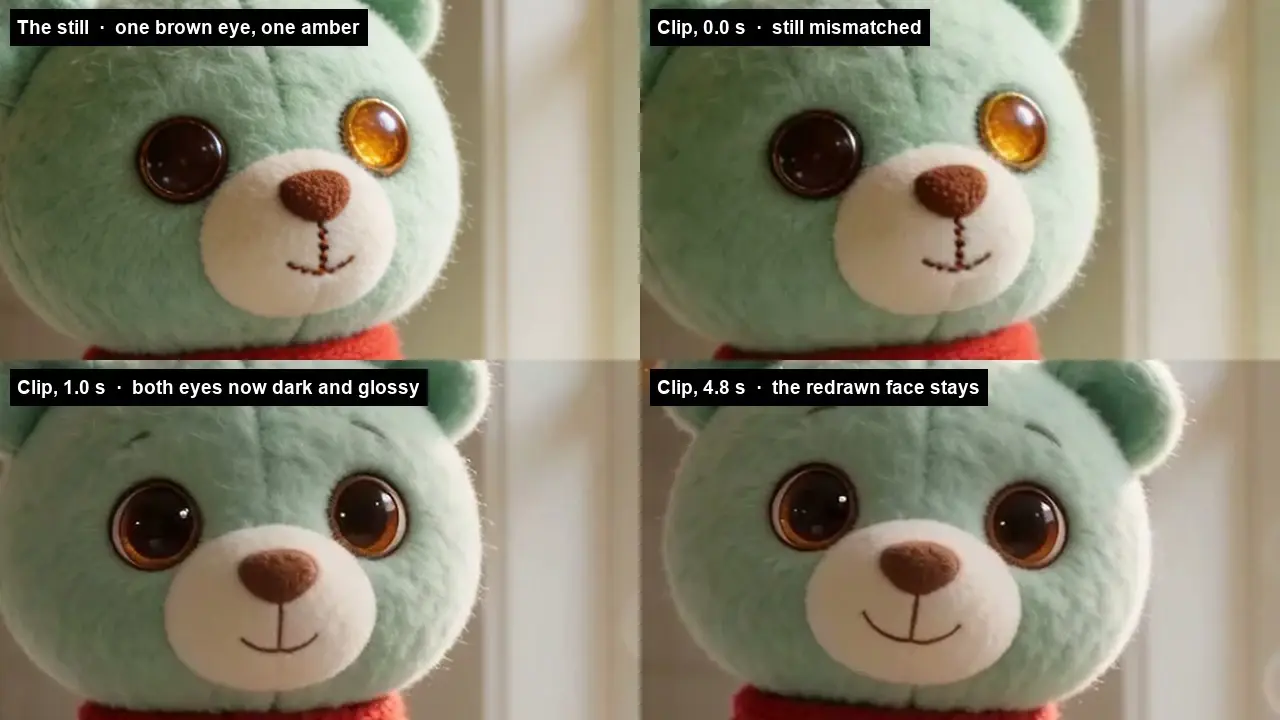 Four-panel teddy bear clip showing the eyes and face redraw over time.