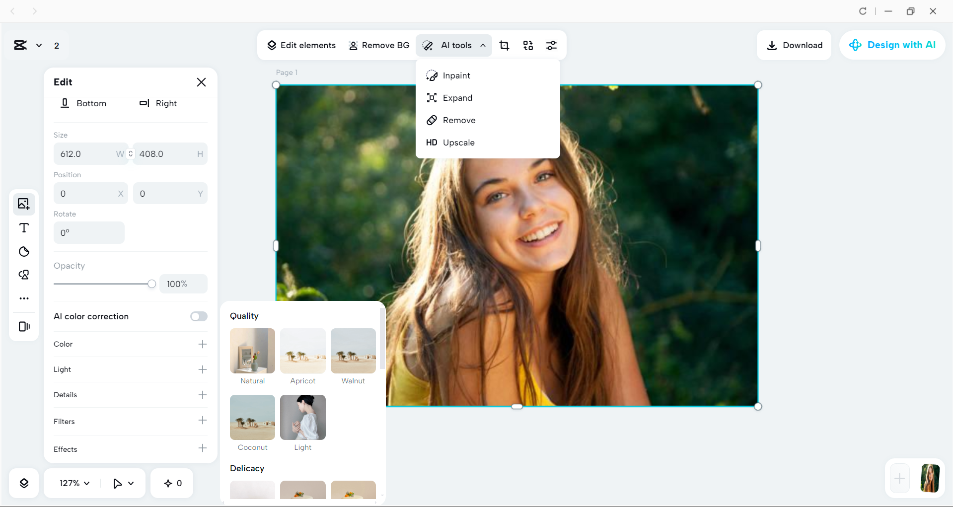 Interface of the CapCut desktop video editor - the most liked tool to edit photos