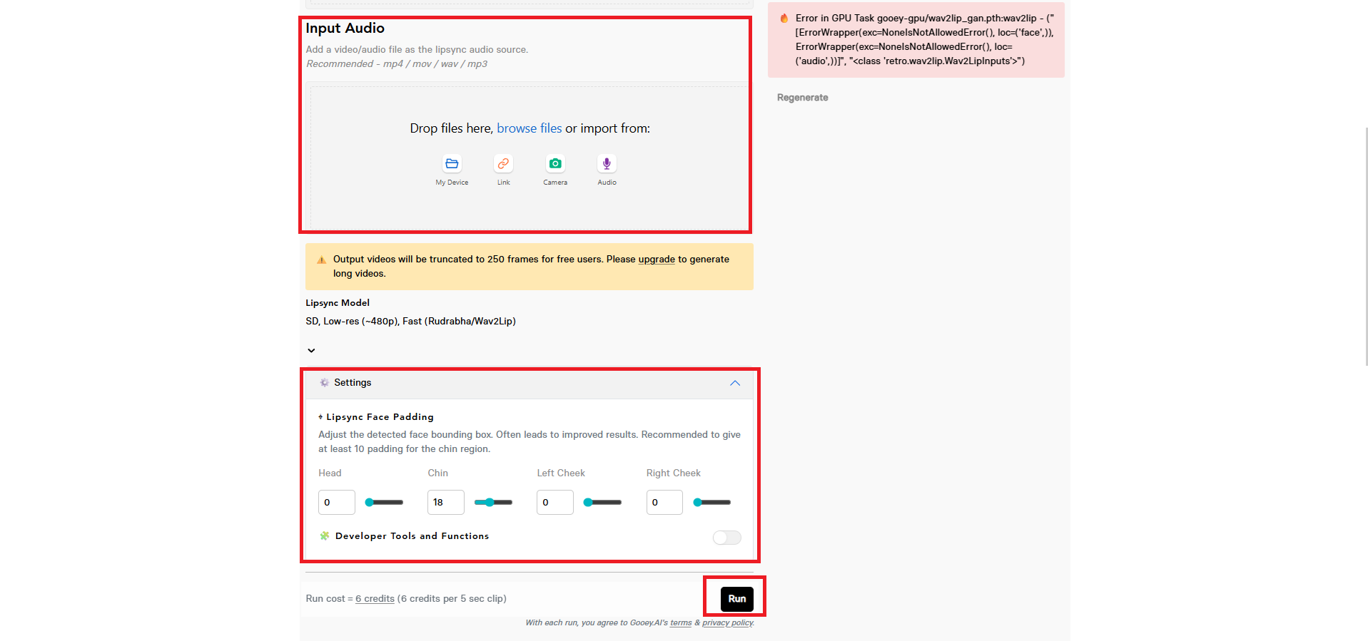 Upload audio and adjust face padding