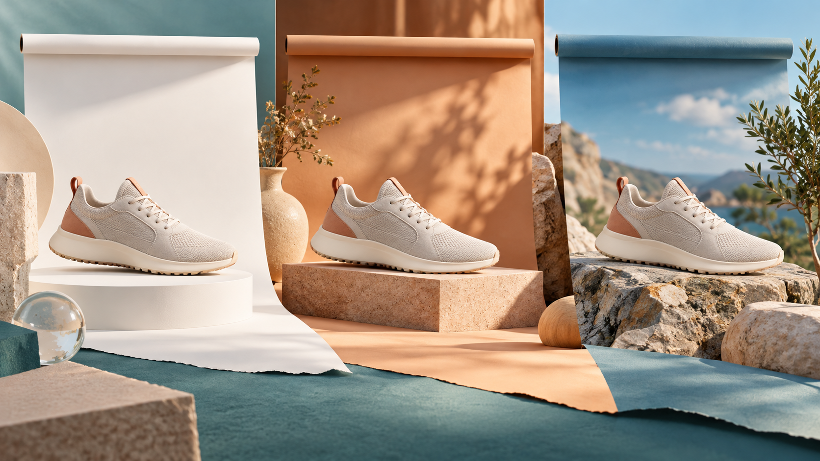 A shoe beside interchangeable white, studio and stone backgrounds