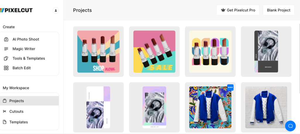 Schnittstelle von Pixelcut – einem weiteren kostenlosen Online-Generator für KI-Produktbilder