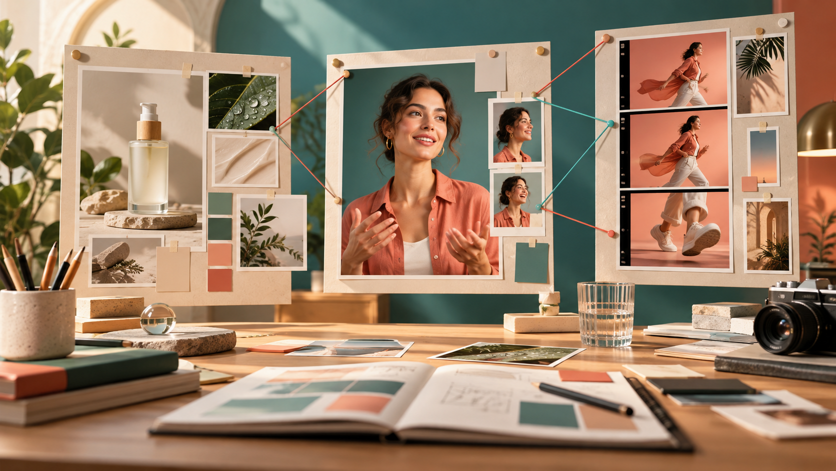 Product, presenter and motion boards on an ad planning desk