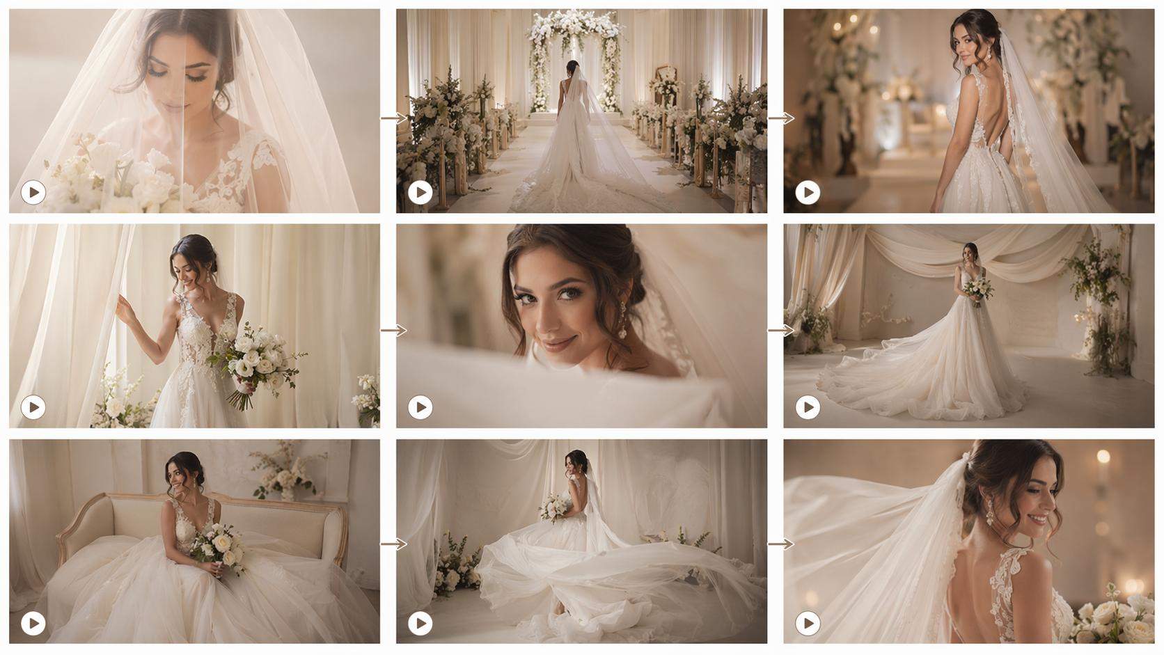 16: 9 Hochzeitskleid AI Bild zu Video Storyboard
