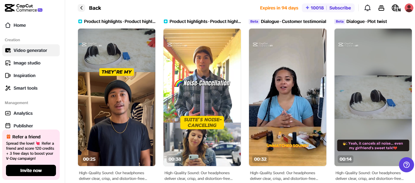 Tangkapan skrin laman web CapCut Commerce yang memaparkan fon kepala pembatalan bunyi, ideal untuk niche dropshipping.