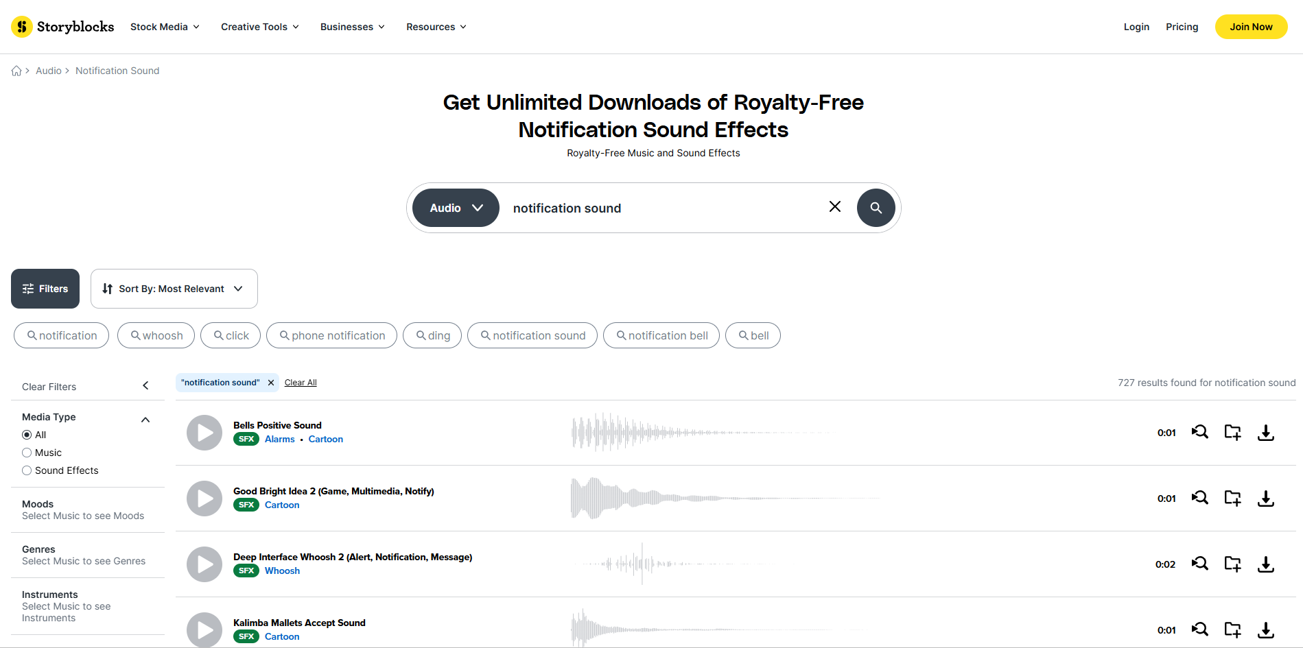 Interface of Storyblocks - the most liked website for downloading notification sound effects