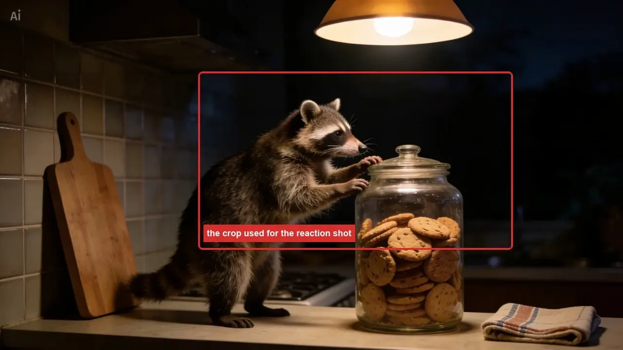 Raccoon reaching toward a glass jar of cookies on a kitchen counter