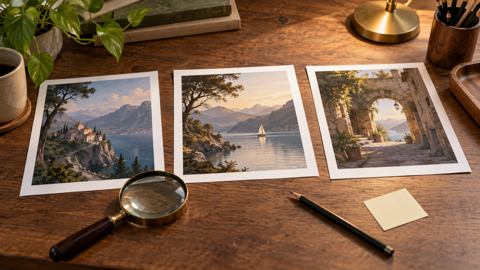 An original revision desk with three image proof prints a magnifying glass and a pencil