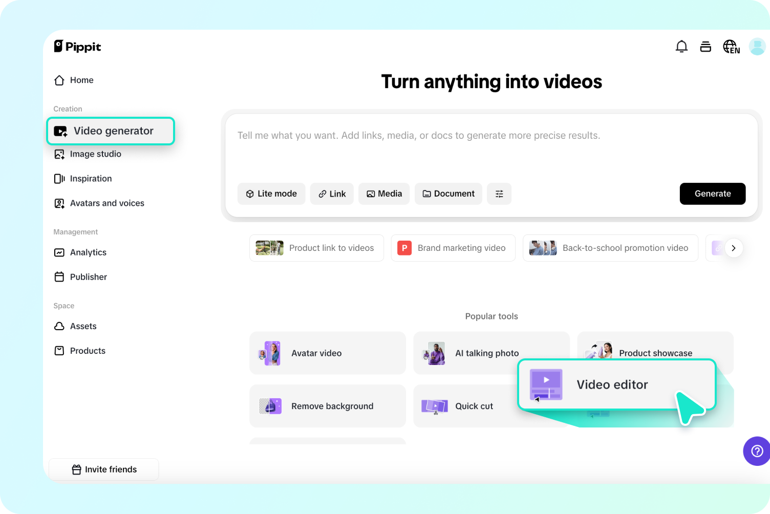 เปิดโปรแกรมตัดต่อวิดีโอ AI ใน Pippit
