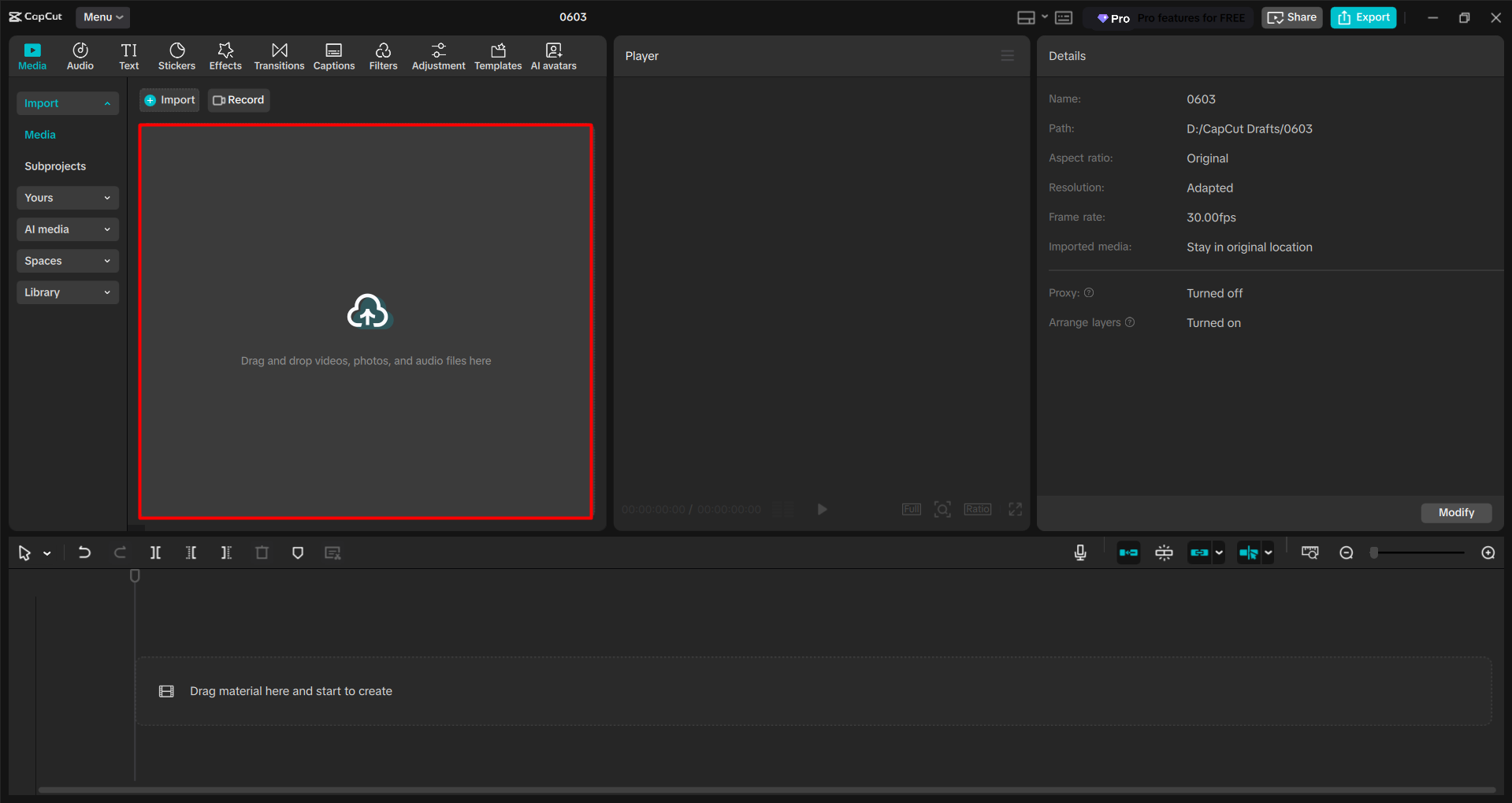Importing a video into the CapCut desktop video editor