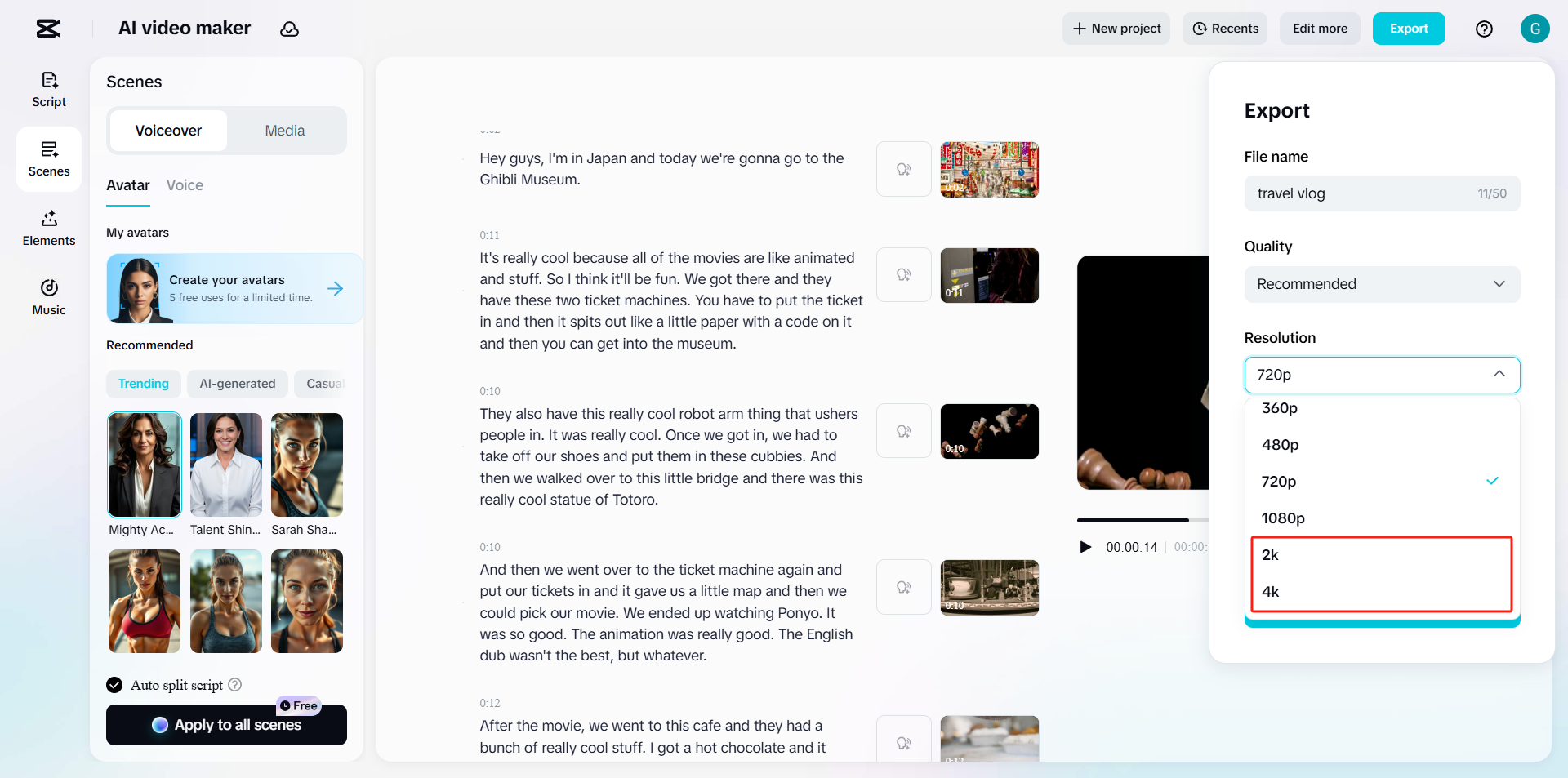 Text-to-video with HD export